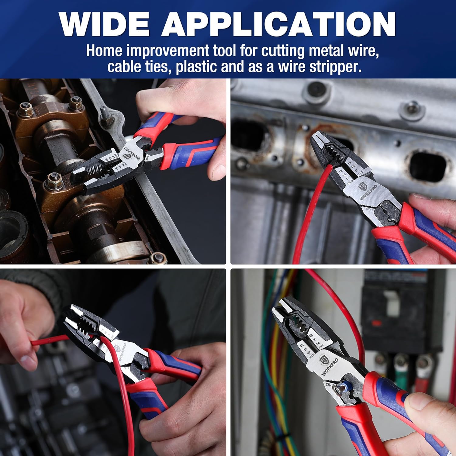 Lineman pliers gripping a cable or wire for cutting and stripping in a DIY setup