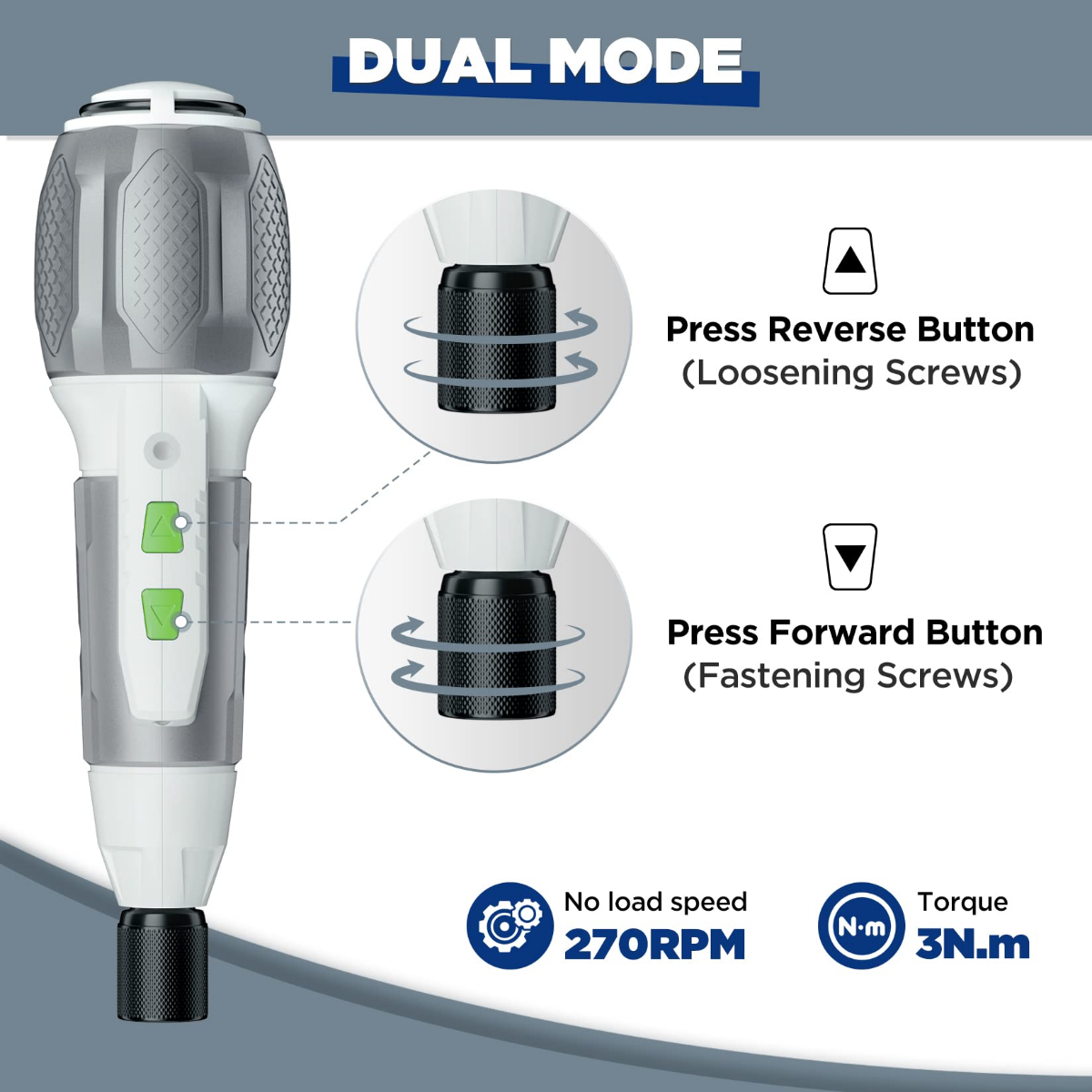 White cordless screwdriver dual-mode buttons for loosening and fastening screws