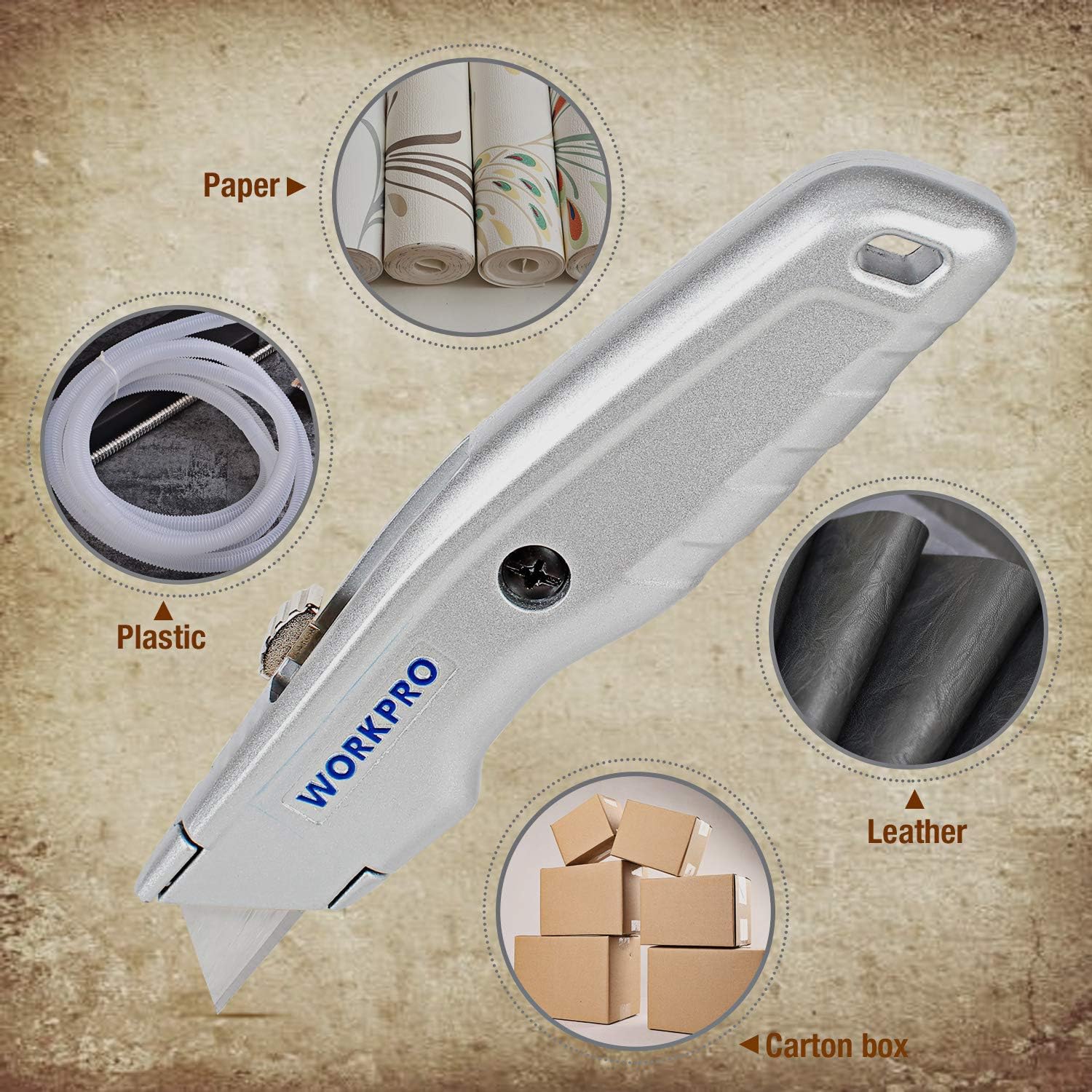 Retractable utility knife, silver handle with blades for paper, plastic, leather, cardboard