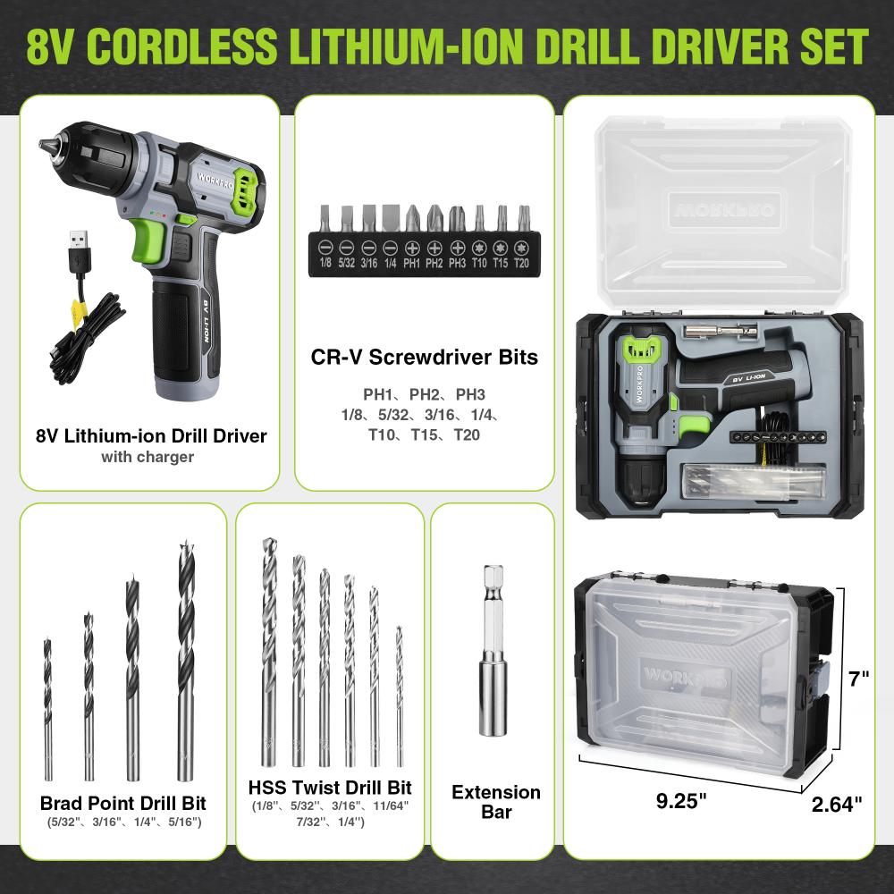 Cordless drill driver with bit set in translucent plastic storage case