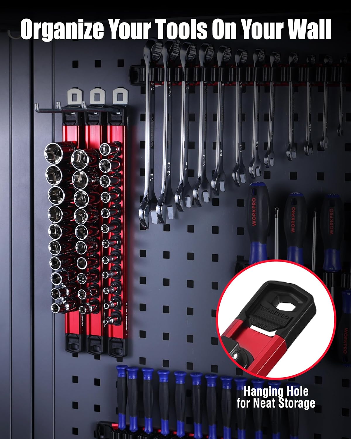 Magnetic tool organizer set on wall with hanging bars and socket holders