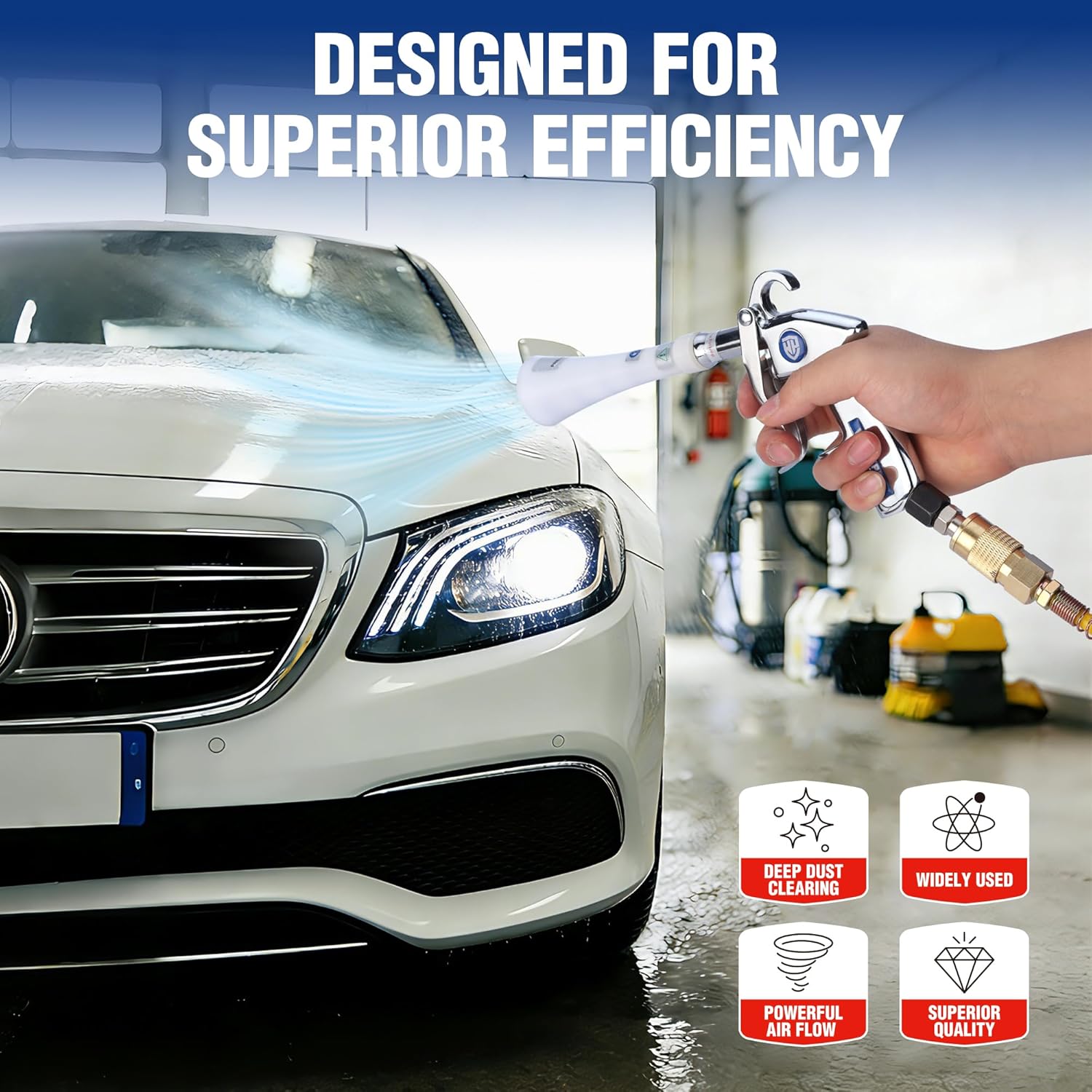 Air blow gun directing powerful airflow, white nozzle and chrome trigger for deep dust cleaning