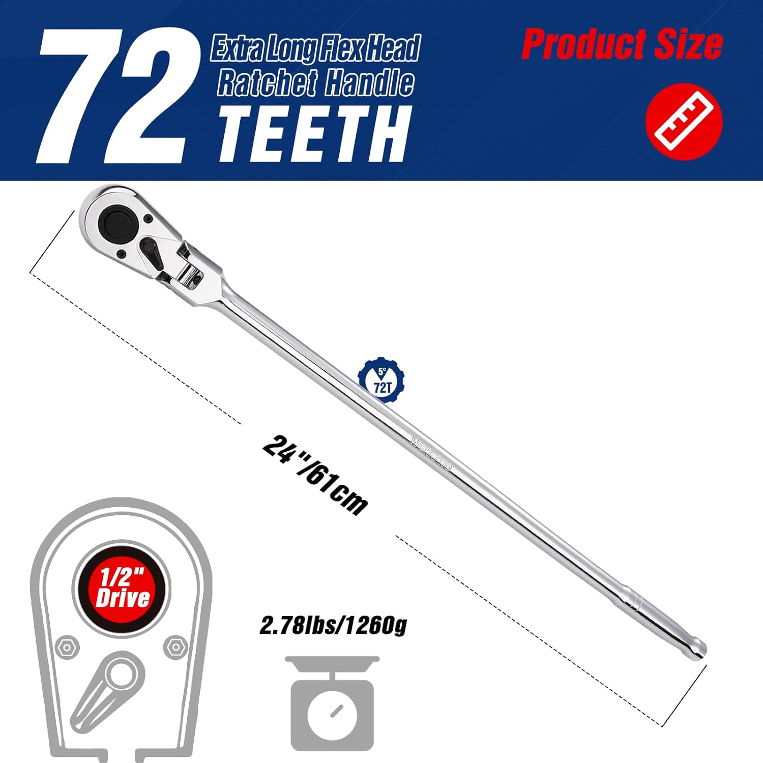 1/2-inch drive extra-long flex head ratchet, 24 in chrome-finished steel, 72 teeth