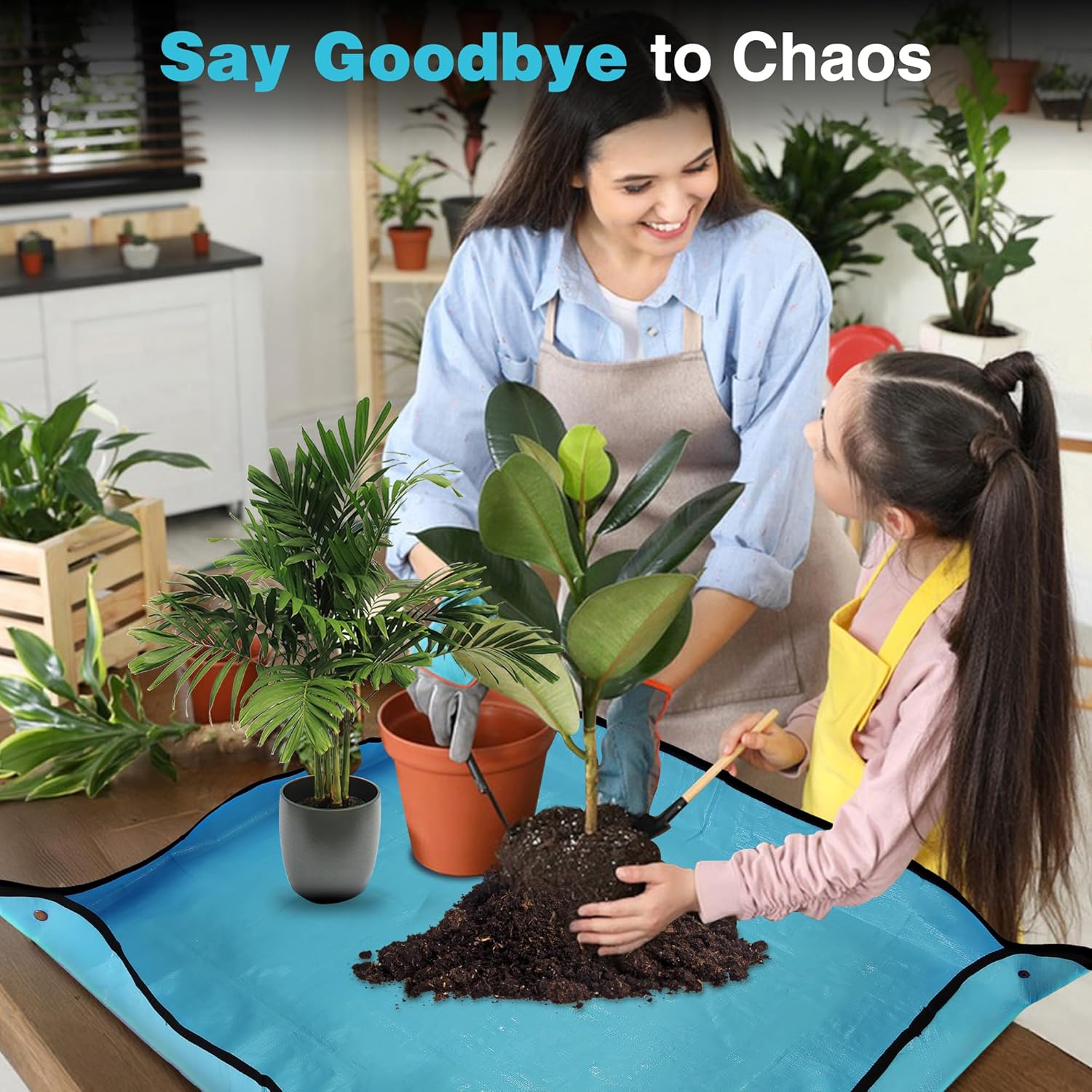 Turquoise repotting mat on the floor for transplanting houseplants, holding soil and pots