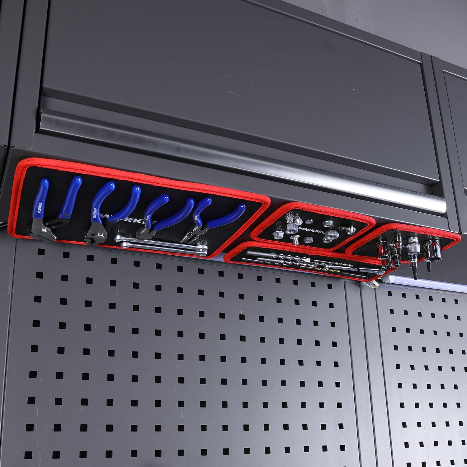 WORKPRO magnetic tool holder tray on pegboard, black pad with red border