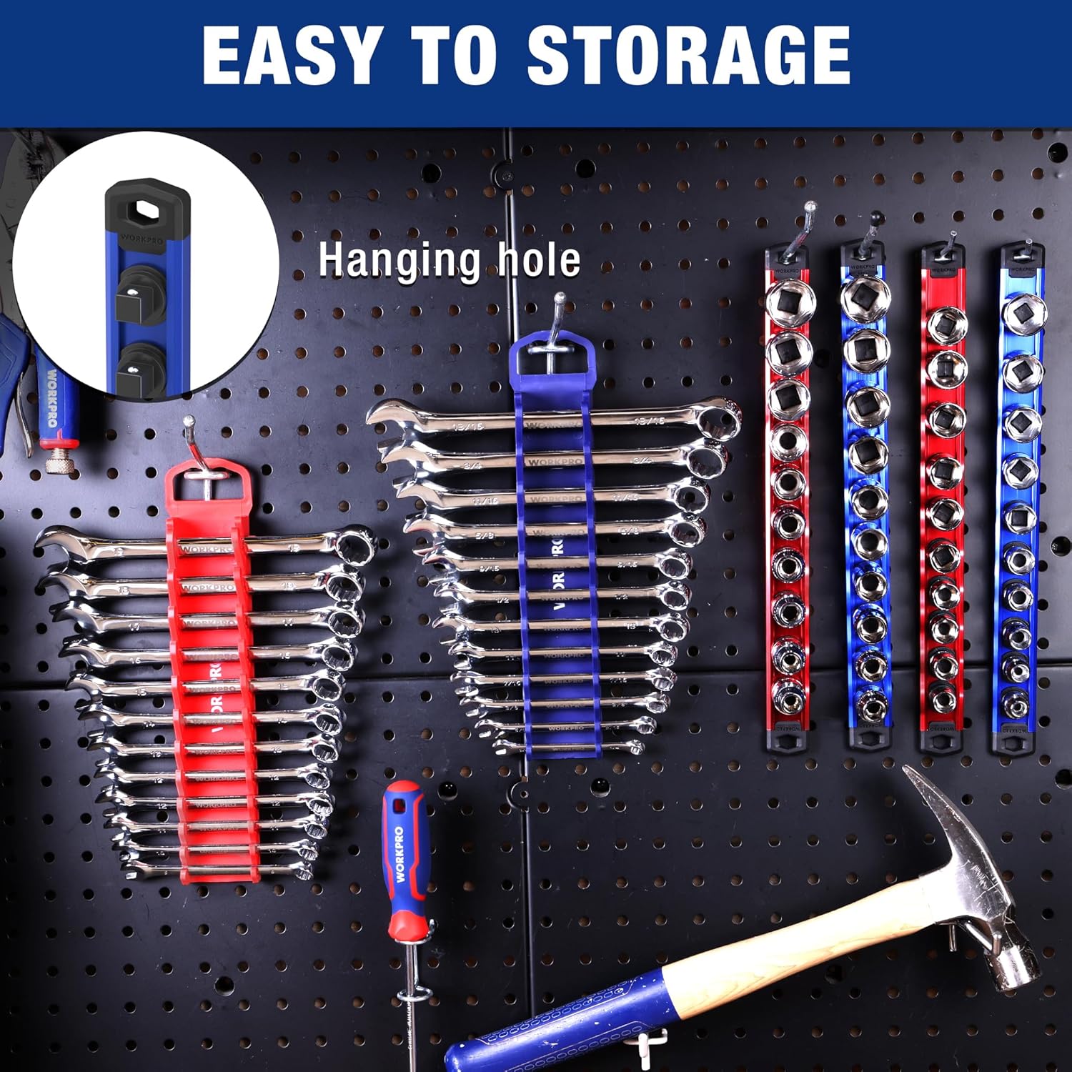 Magnetic socket and wrench rails on pegboard with hanging hole and wrenches