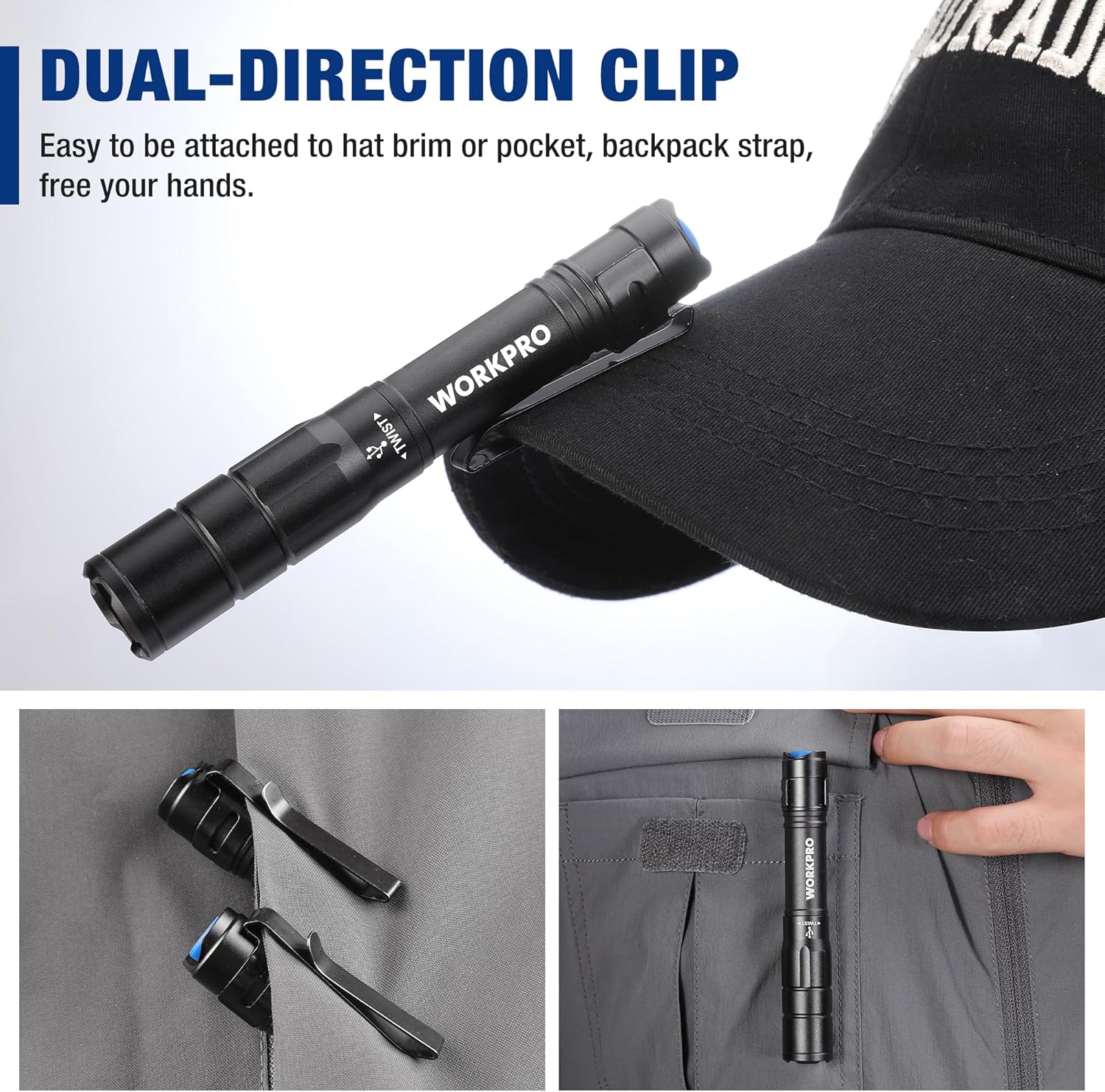 Black rechargeable pen light with dual-direction pocket clip attached to fabric edge.