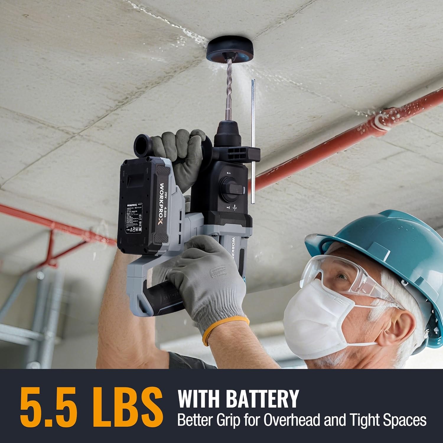 Cordless SDS-Plus rotary hammer drill with side handle and mounted drill bit