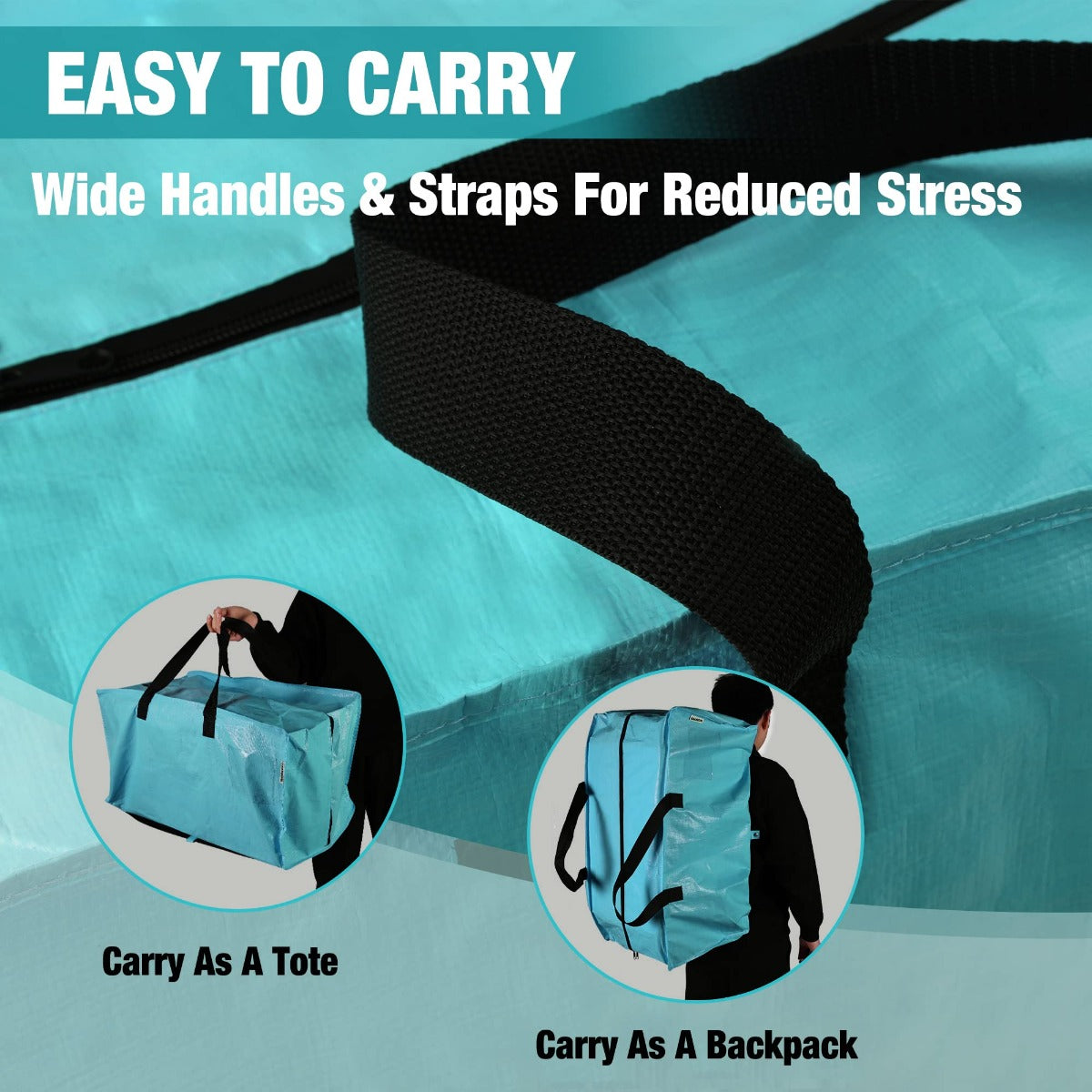 Teal tote bag with black backpack straps and zipper closure, wide carry handles