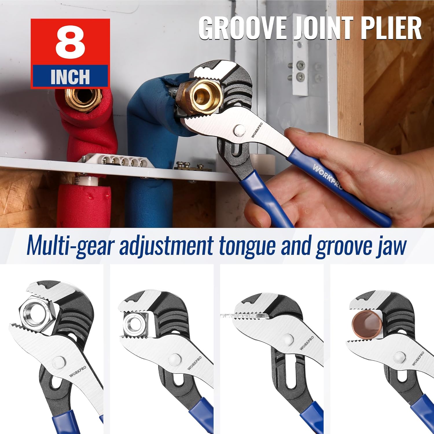 8" groove-joint plier with adjustable multi-gear tongue and blue handle.