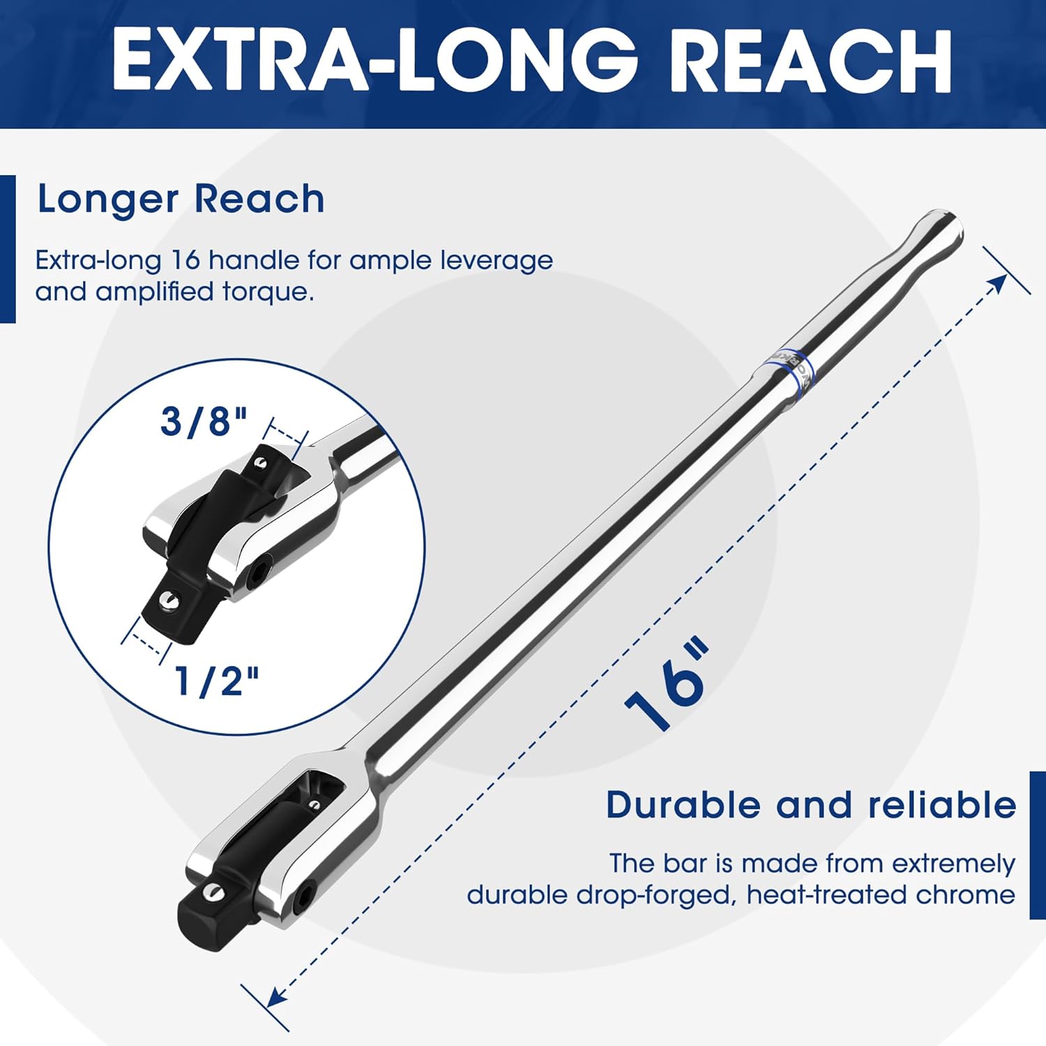 WORKPRO dual-drive breaker bar, extra-long chrome handle with 3/8 in and 1/2 in ends
