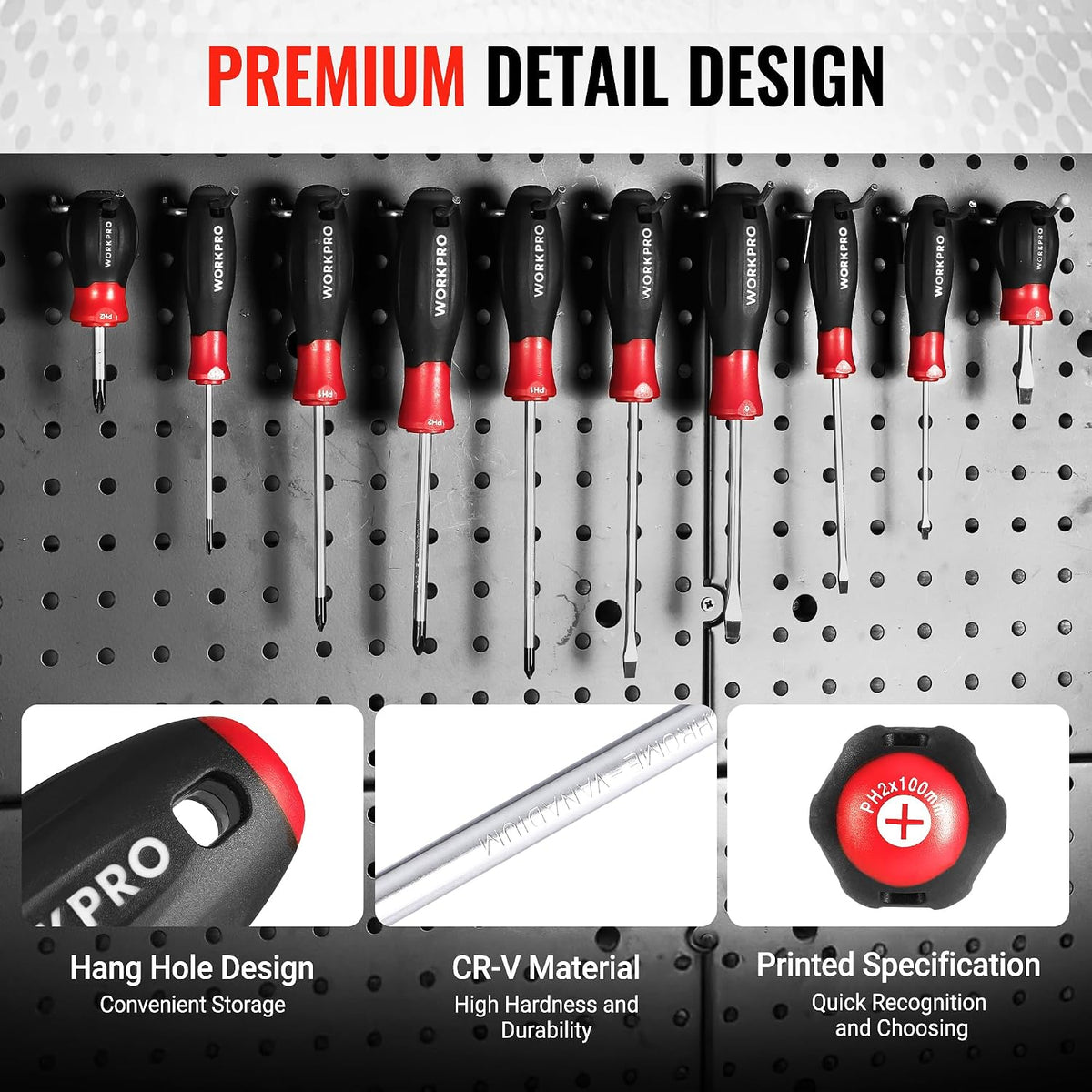 WORKPRO 10-piece magnetic screwdriver set with pouch in red and black, shown on a pegboard with hang holes