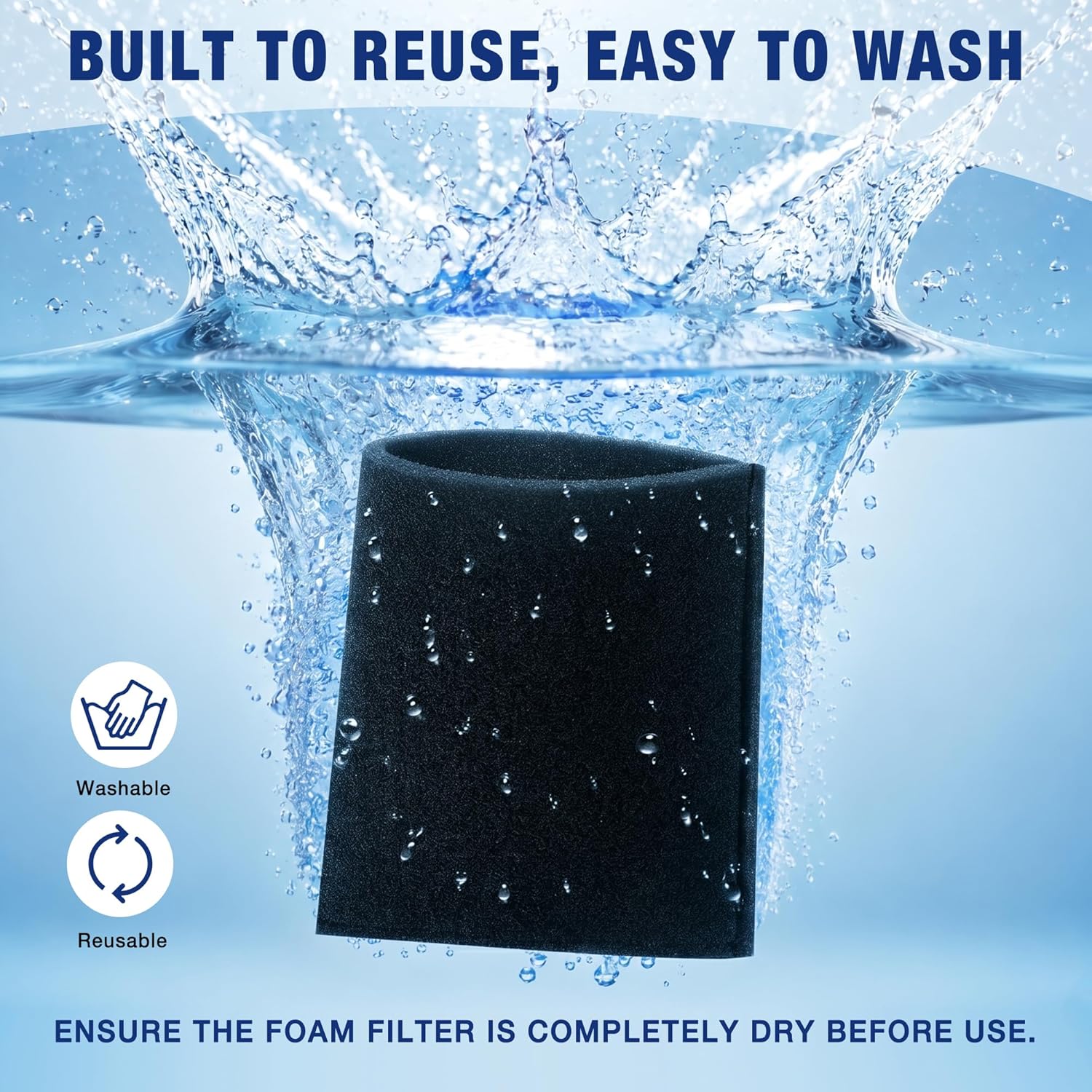Washable black foam wet vacuum filter with water droplets