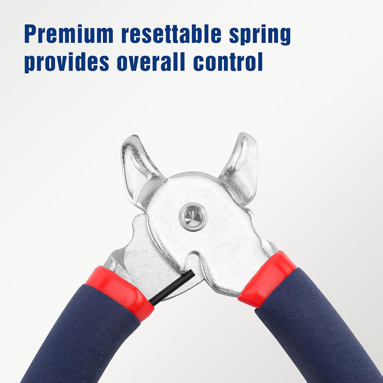 Hog ring pliers with blue handles and red accents, spring mechanism close-up
