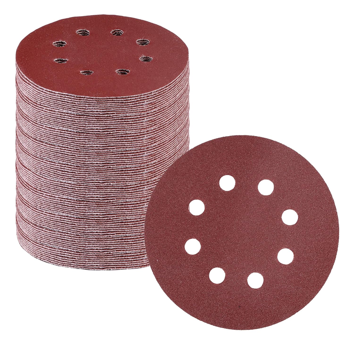 Burgundy 5-inch sanding discs with 8-hole pattern, hook-and-loop backing