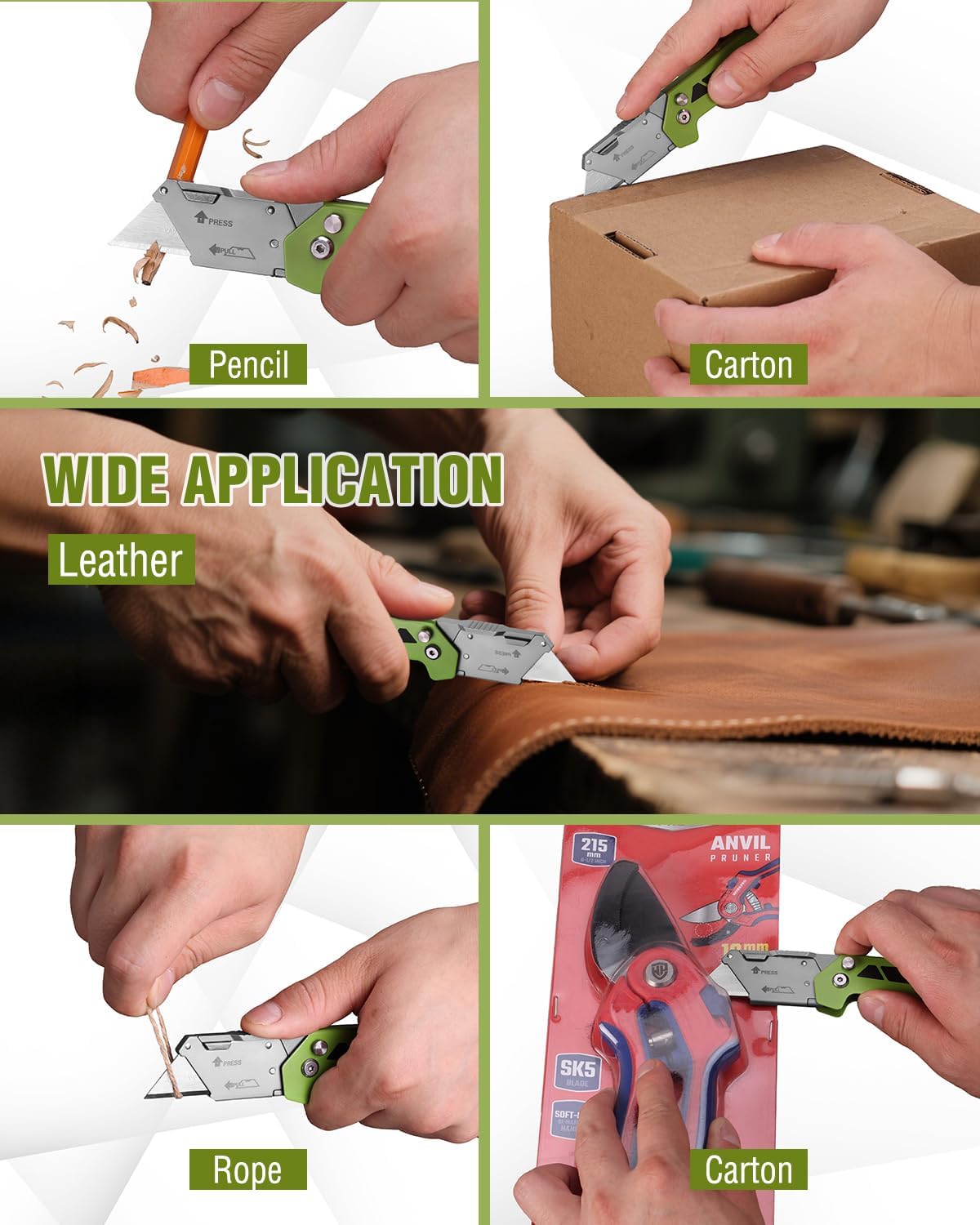 Green folding utility knife held in hand, cutting cardboard and leather