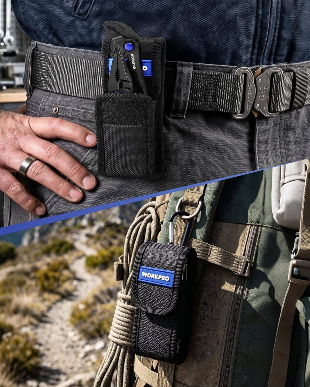 Black nylon belt pouch holding WORKPRO mini pliers, with blue accent label