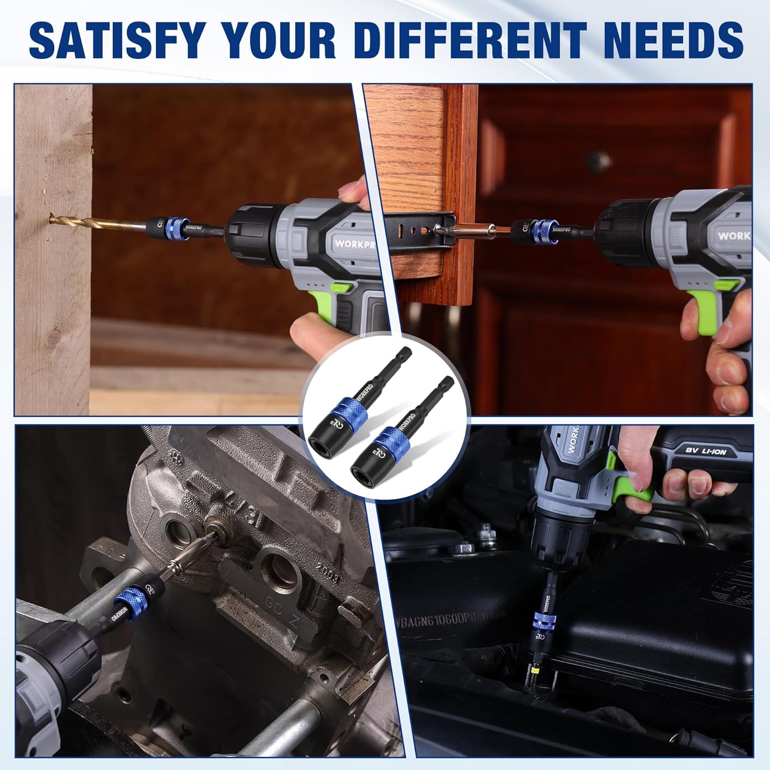Impact driver drill bit extension adapter with hex shank, shown connected to a socket