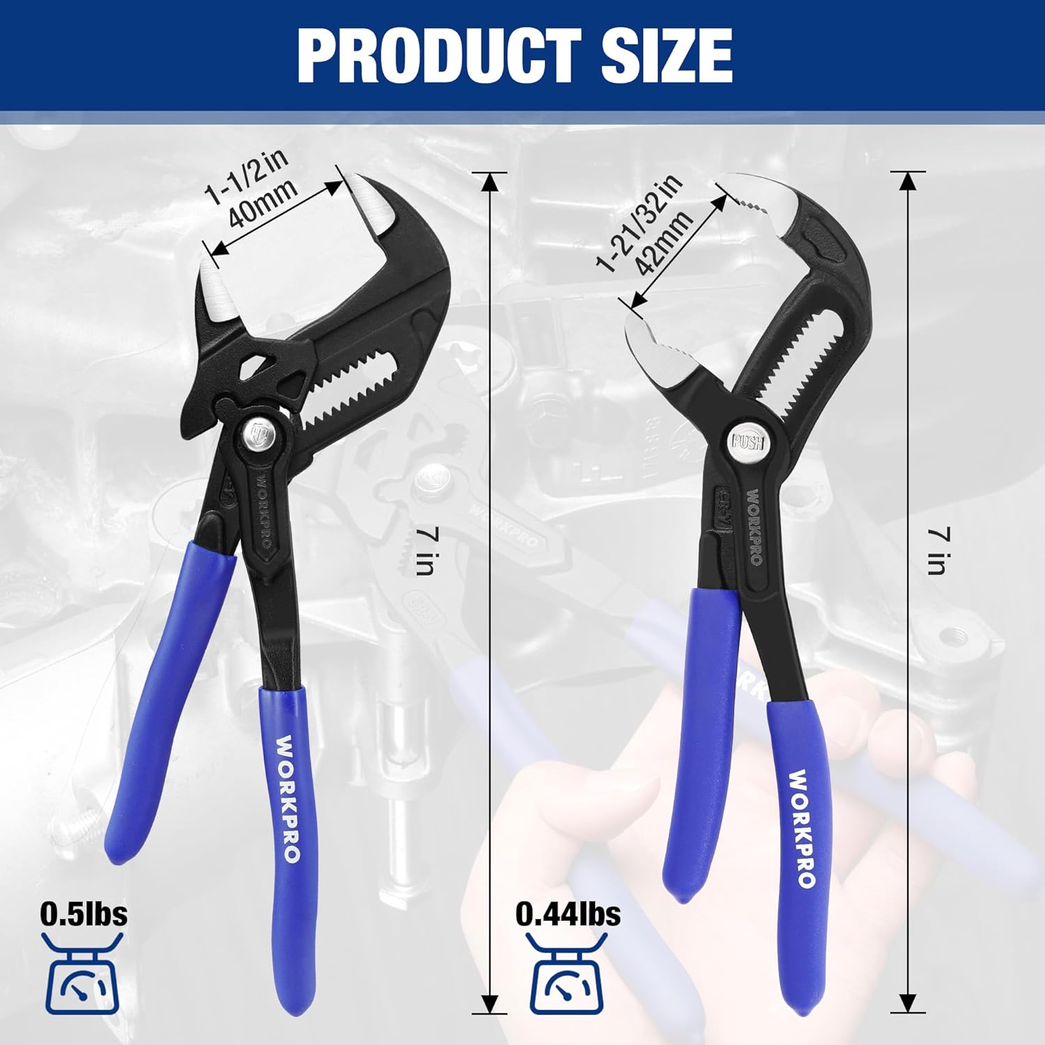 7-inch groove joint and pliers set, black heads with blue handles and compact form