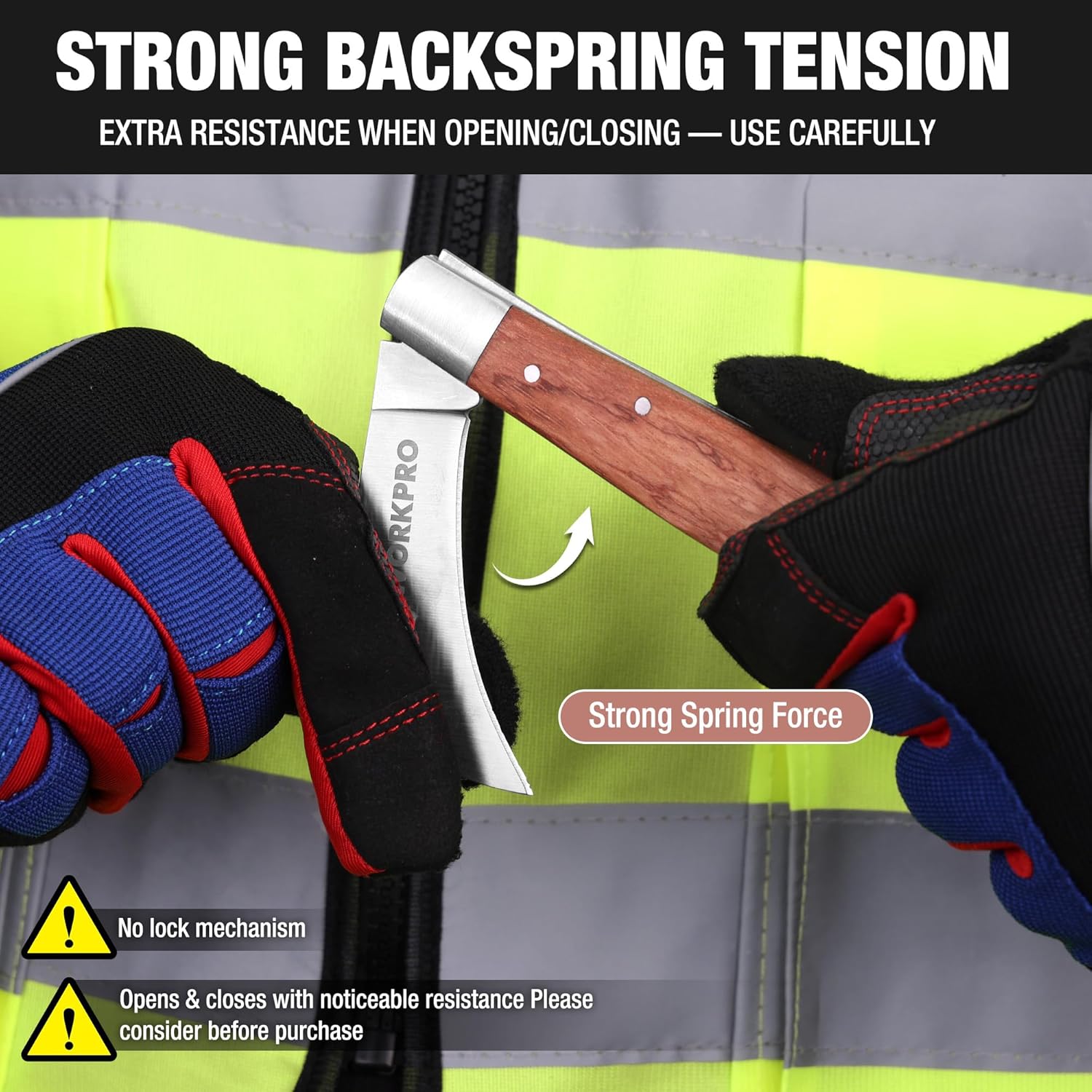 Folding utility knife showing strong spring action with wood handle and curved blade