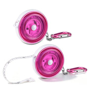 Pink retractable tape measure set with two reels and carabiner clips.