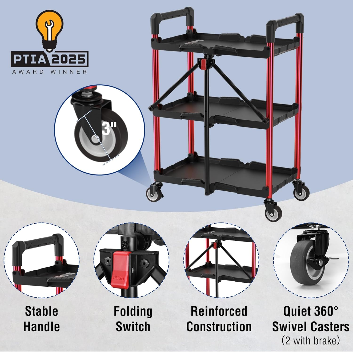 Three-tier collapsible cart with reinforced frame, black shelves, red legs, quiet 360° swivel casters.