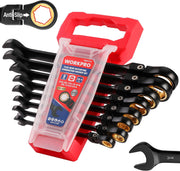 Black ratcheting wrench set with anti-slip heads, gold finish, and red storage rack