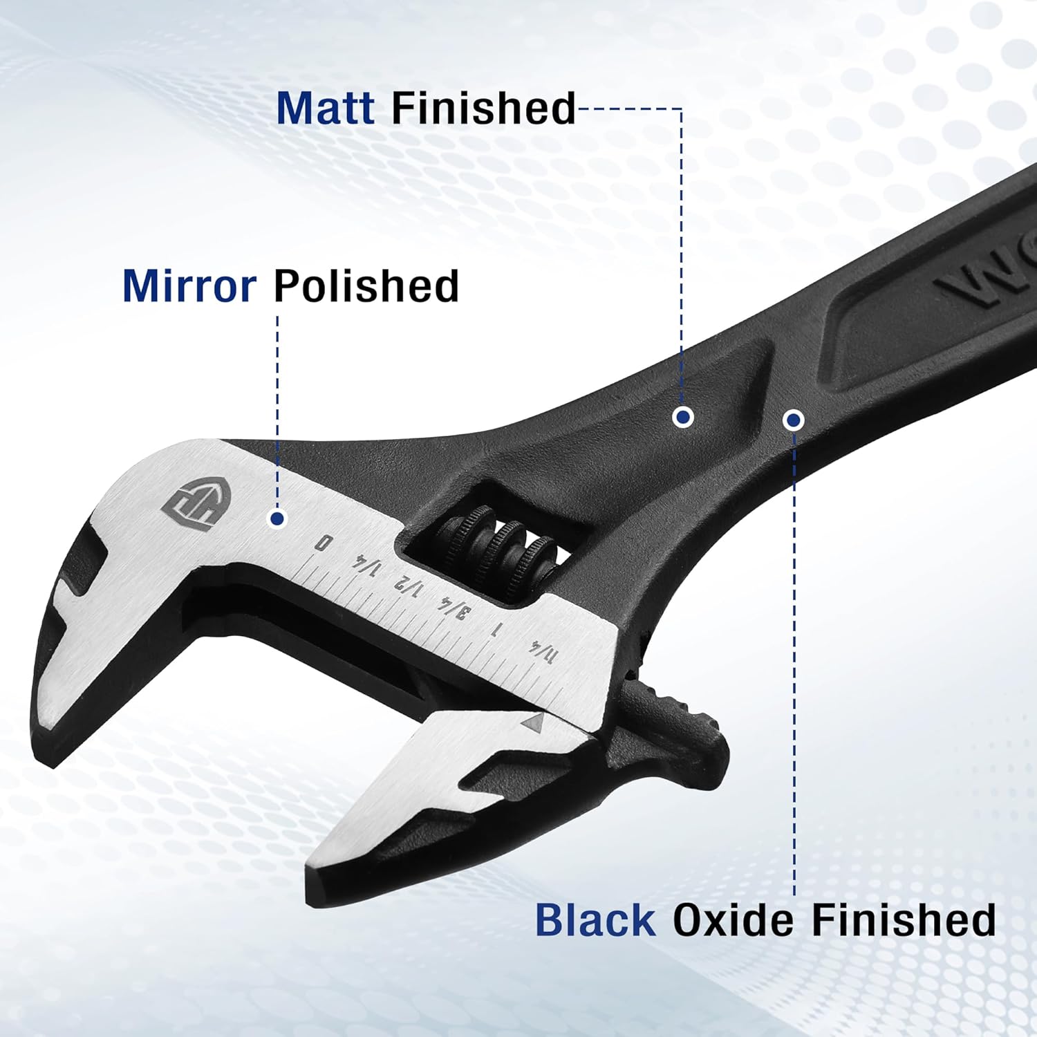 Black oxide adjustable wrench with inch/metric scale on silver jaws