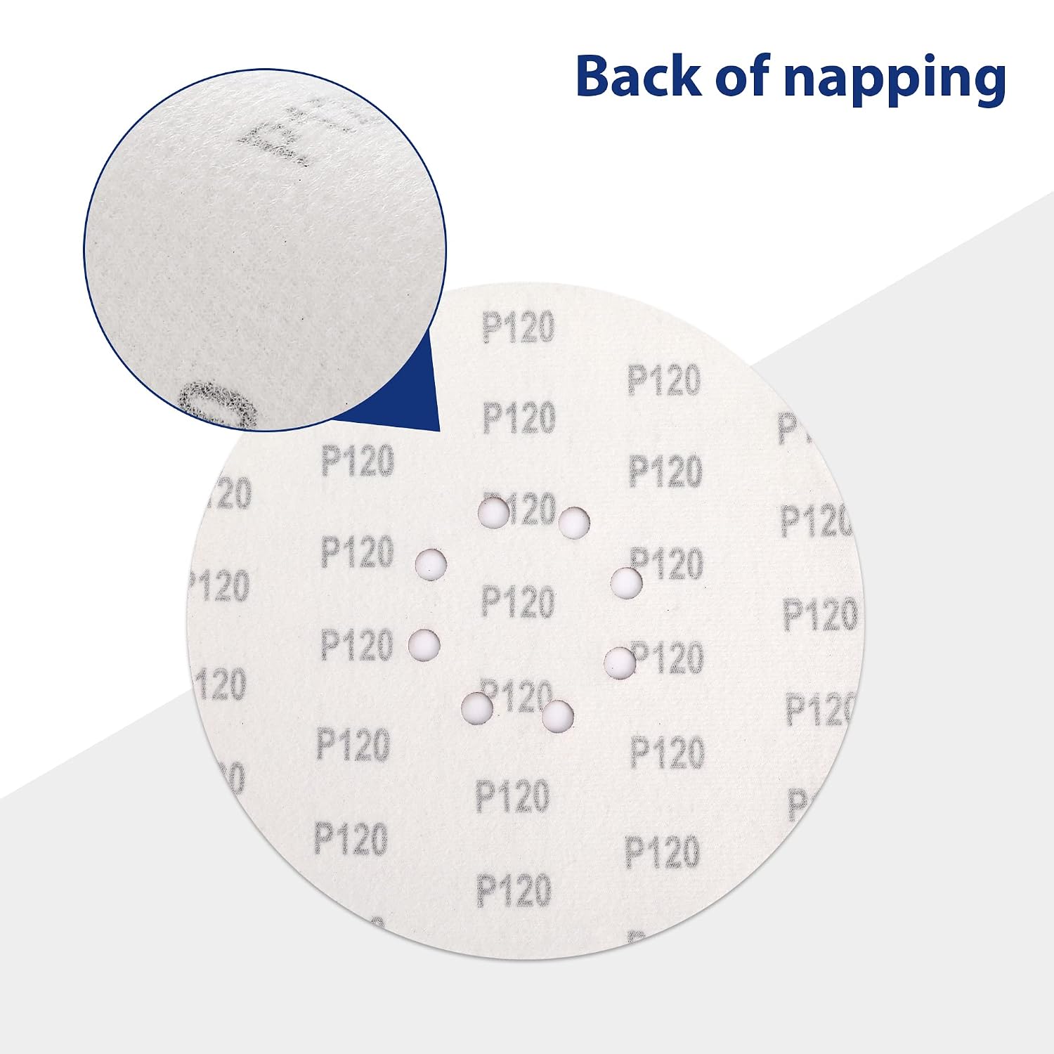 White-backed sanding disc showing P120 marking and 8-hole perforation