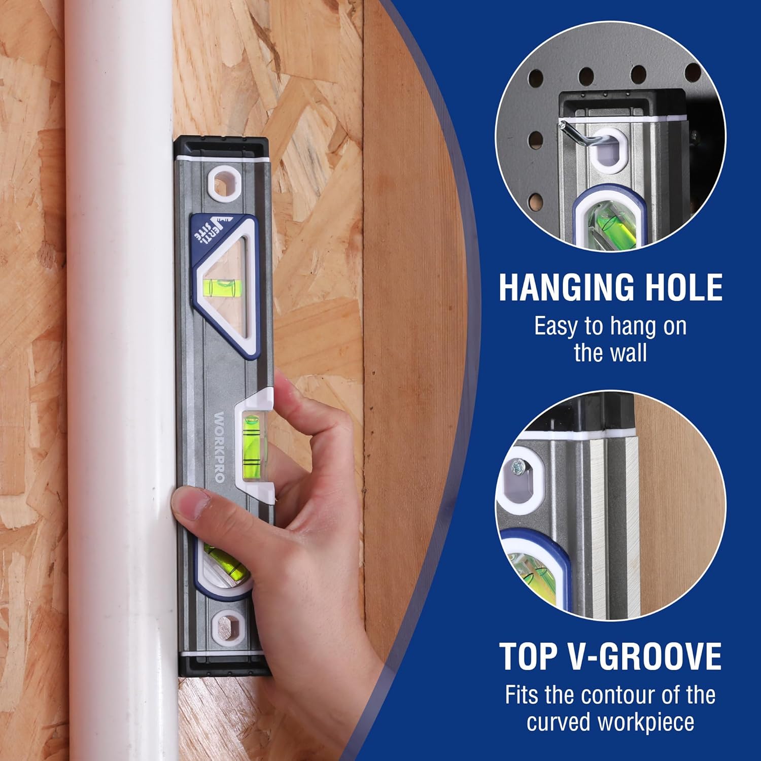 WORKPRO torpedo level with top V-groove and hanging hole, shown on wood