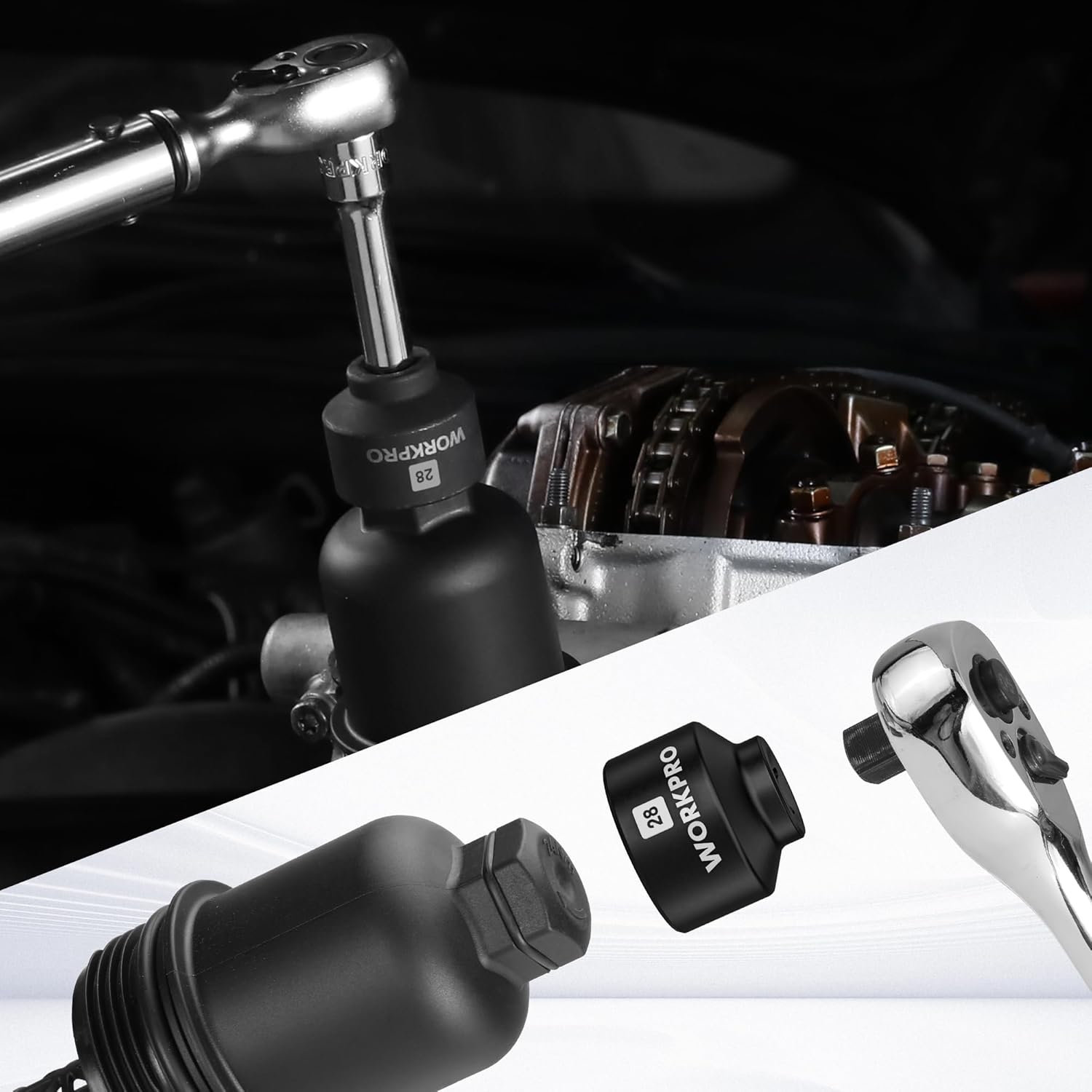 WORKPRO 28mm oil filter socket wrench on ratchet, black tool head in engine bay