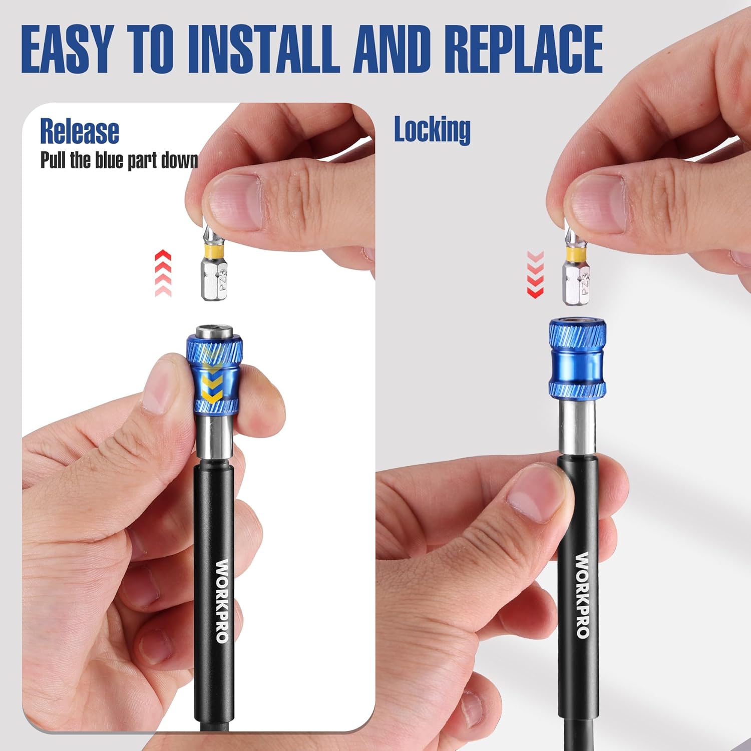 Black drill bit holder extender with blue release ring and locking collar