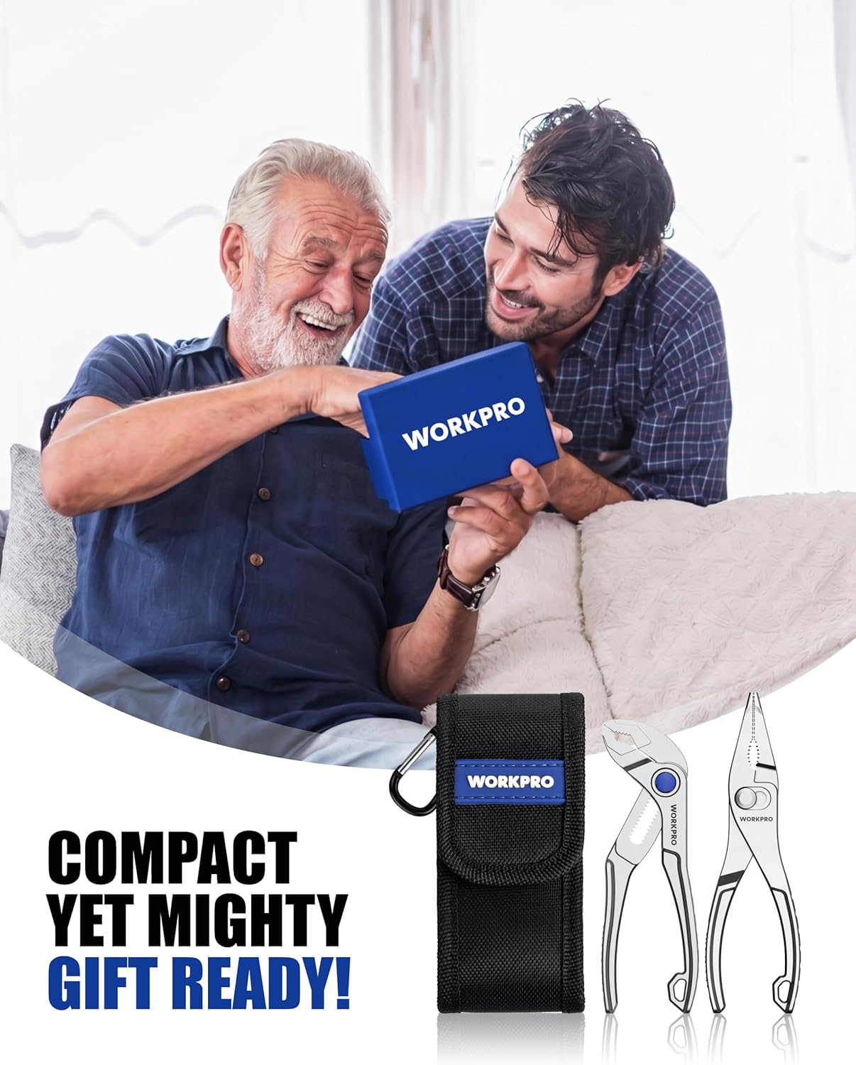 WORKPRO 2-piece mini pliers set with black tool pouch and two compact pliers