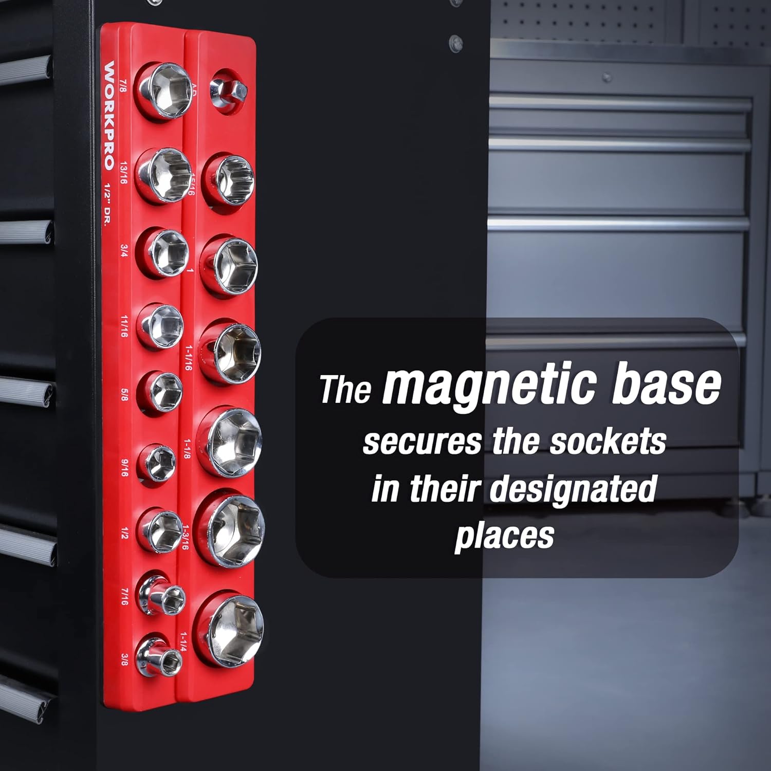 Close-up of red magnetic socket organizer with multiple chrome socket cup holes