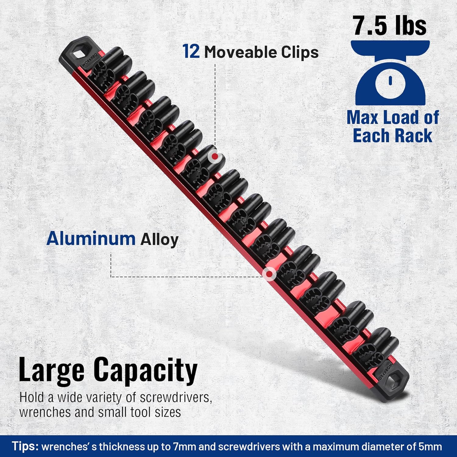 Red aluminum rail tool organizer with black moveable clips and 12 tool slots for wrenches and drivers.