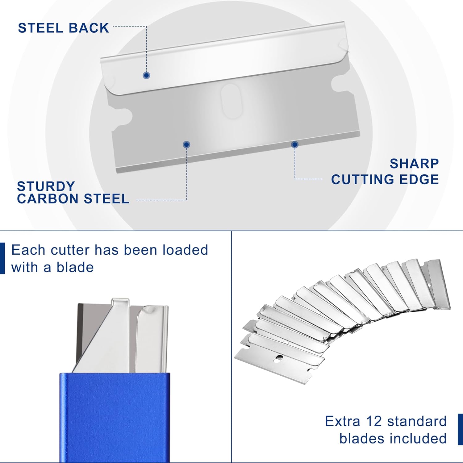 Retractable box cutter showing steel back, sturdy carbon steel, and sharp cutting edge