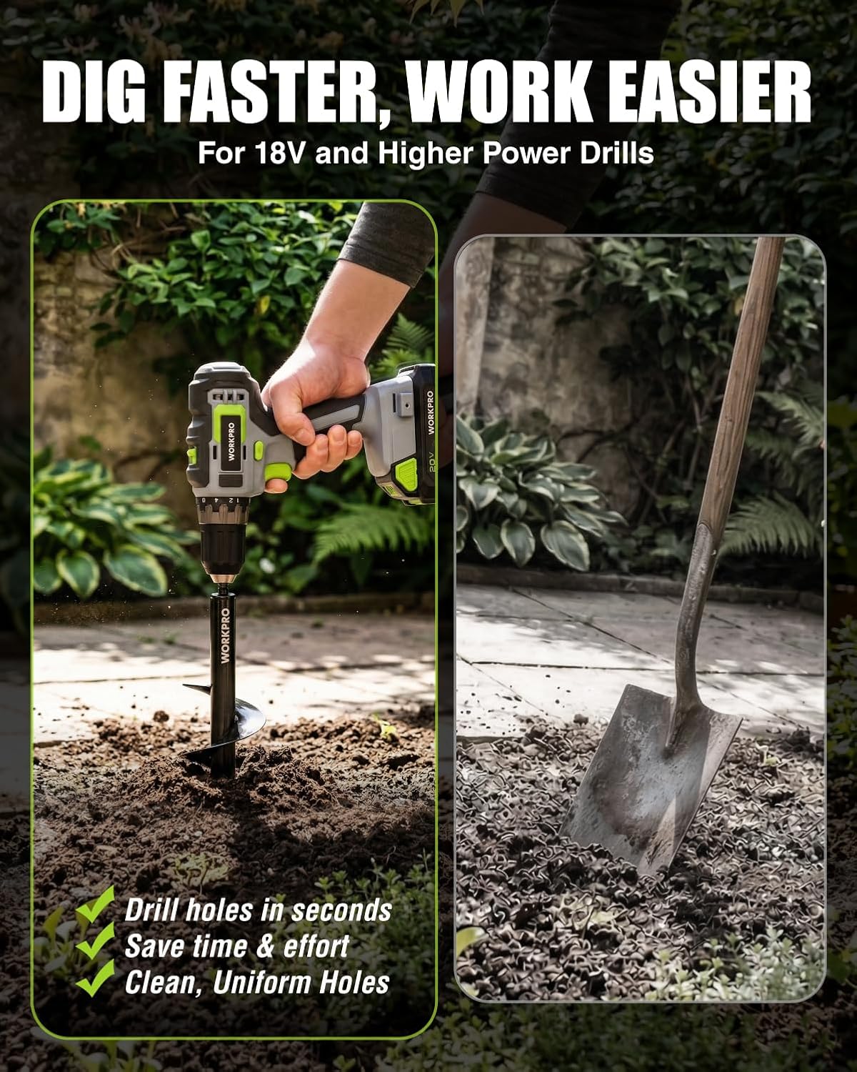 Black spiral auger drill bit held in a drill, digging uniform holes in ground