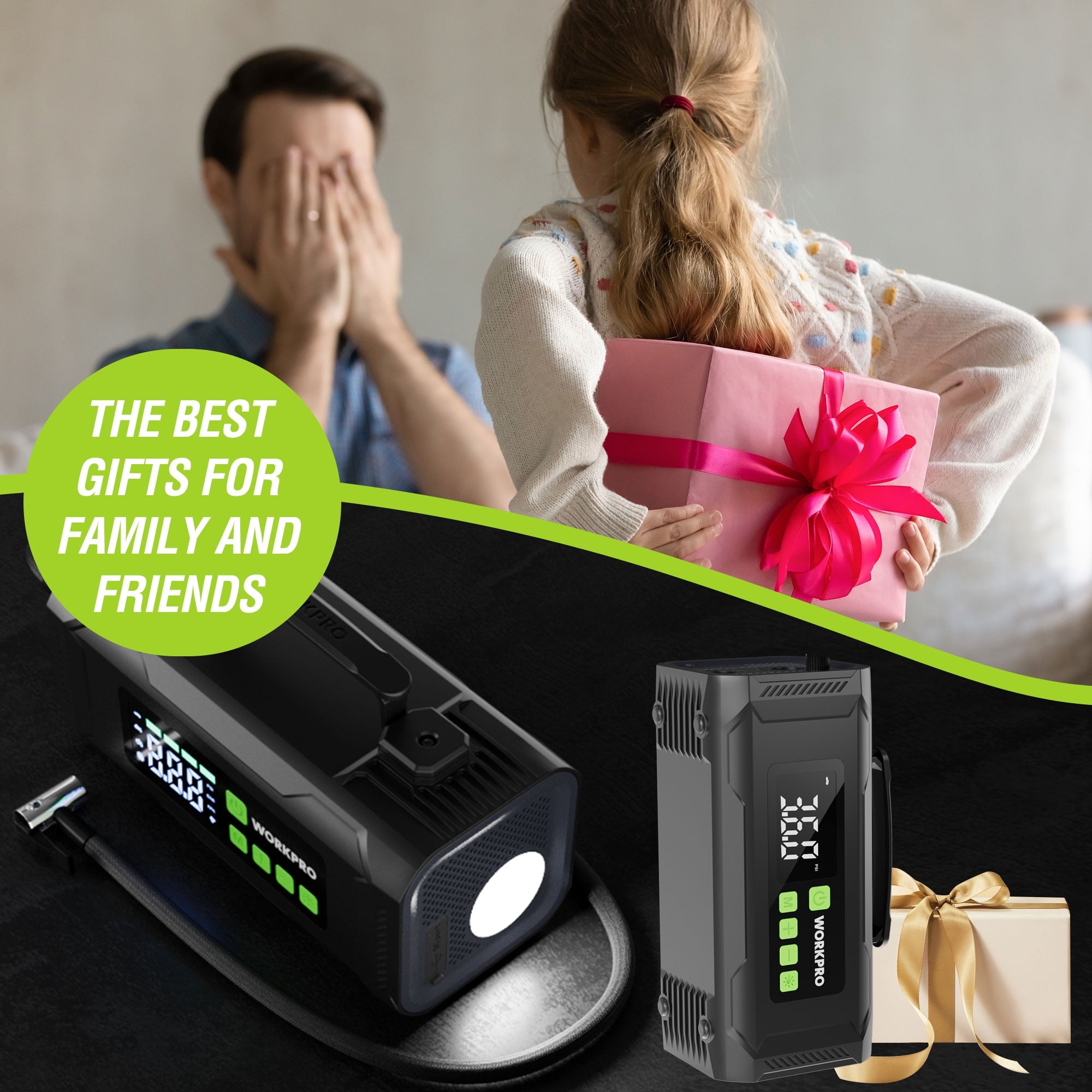 WORKPRO portable air compressor with digital screen, flashlight attachment and bundled items