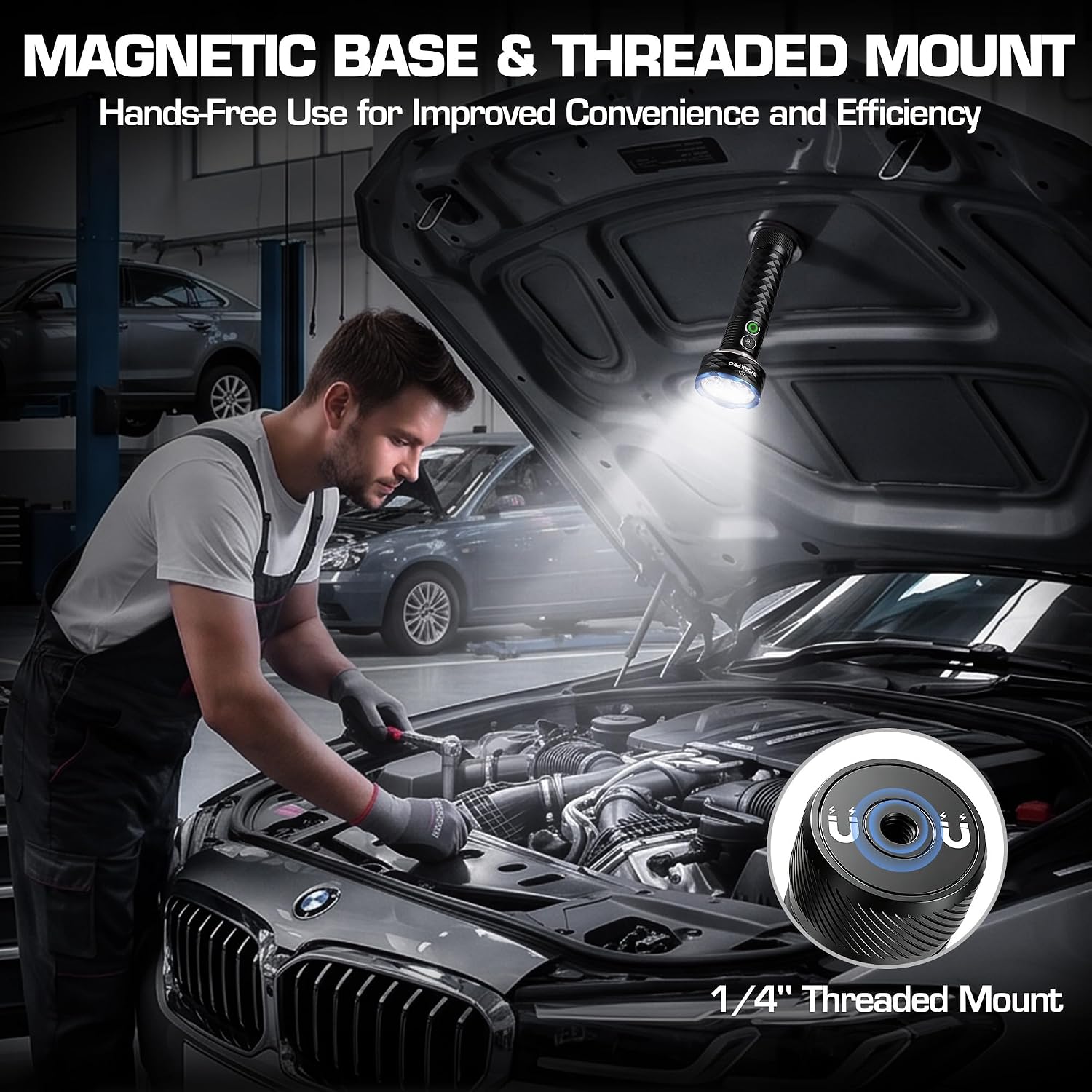 Black flashlight with magnetic base and threaded mount, bright beam shining on engine