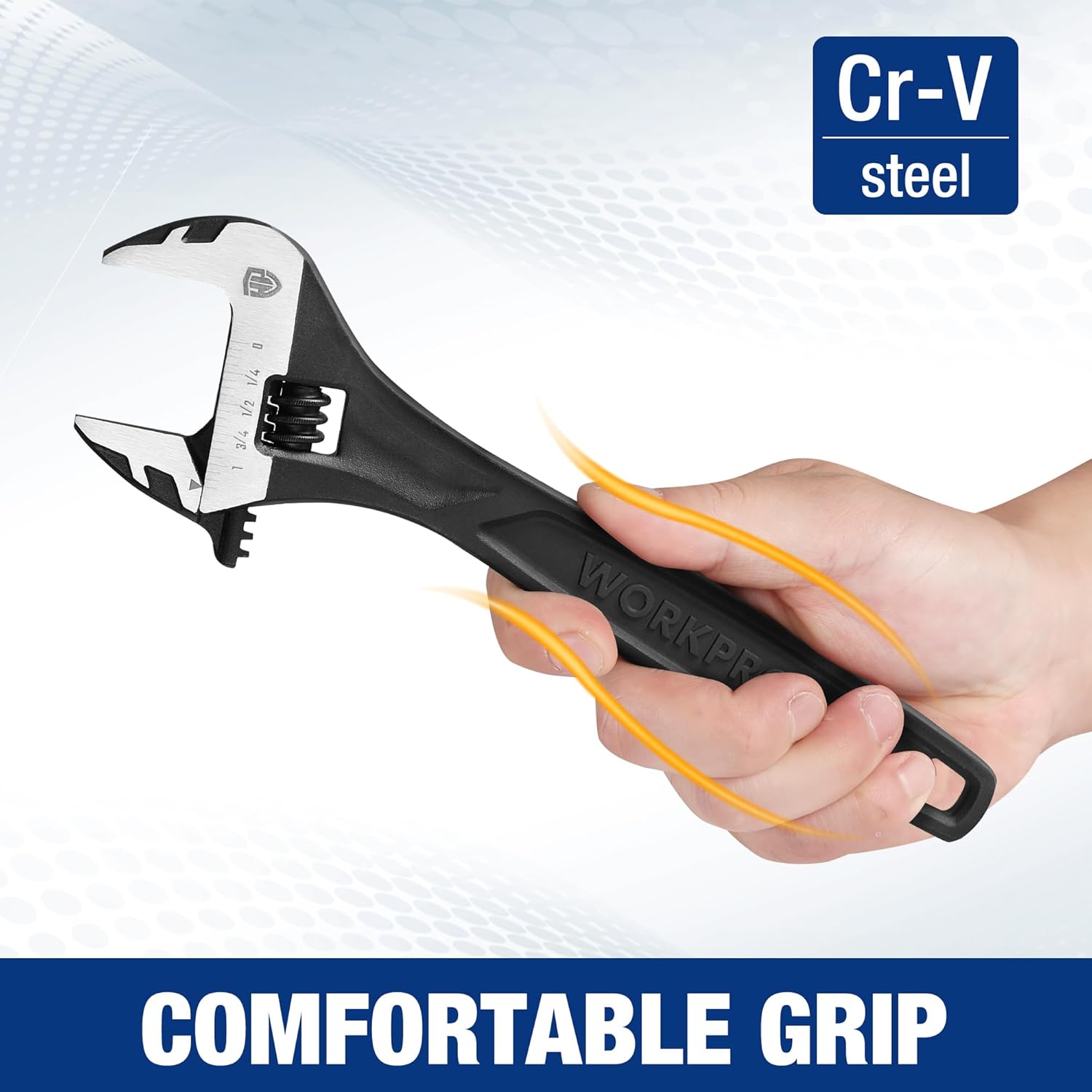 Black Cr-V steel adjustable wrench with comfortable textured grip