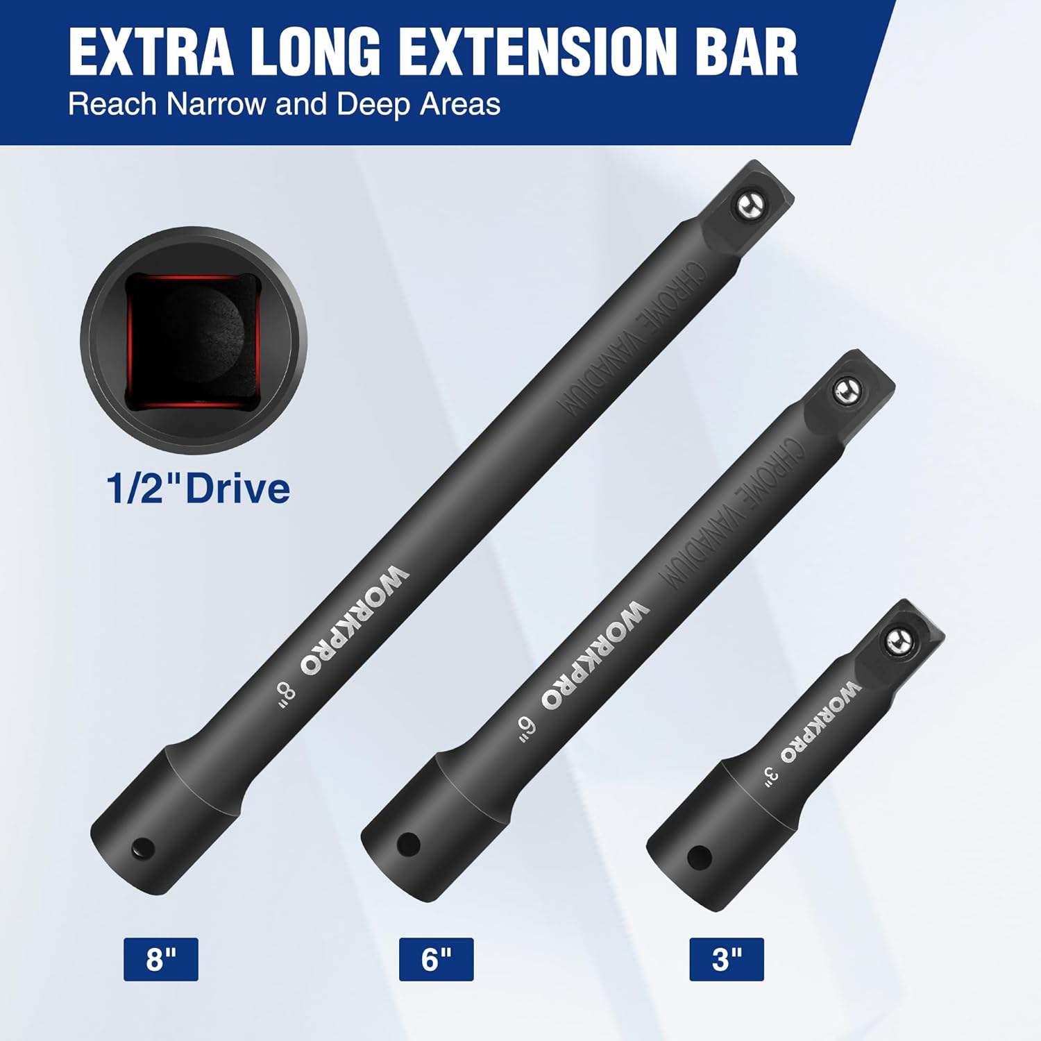 WORKPRO 1/2-in drive impact extension bar set, black phosphate, 3, 6, 8 in (3 pcs)