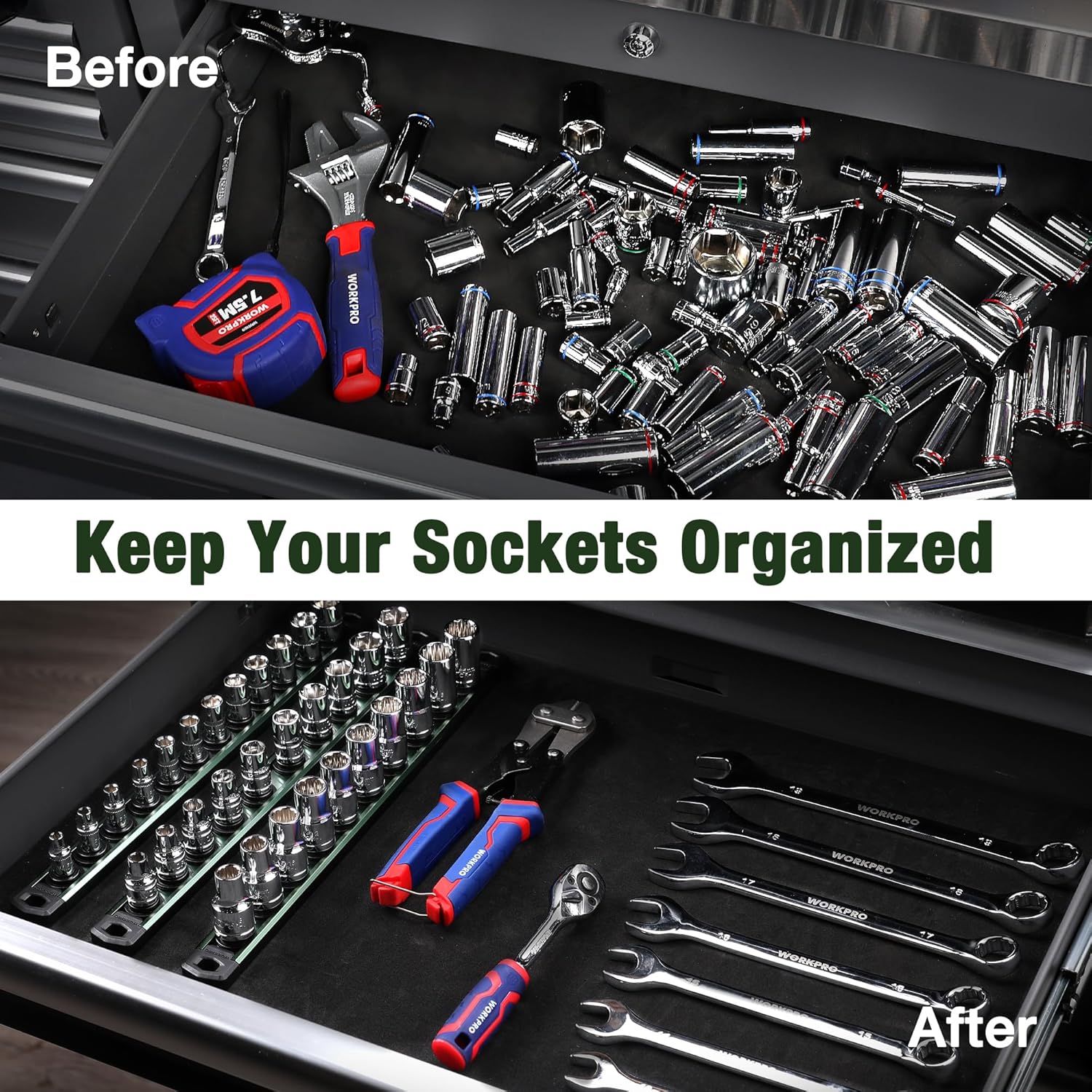Aluminum socket organizer rail with green clips holding chrome sockets in a tool drawer