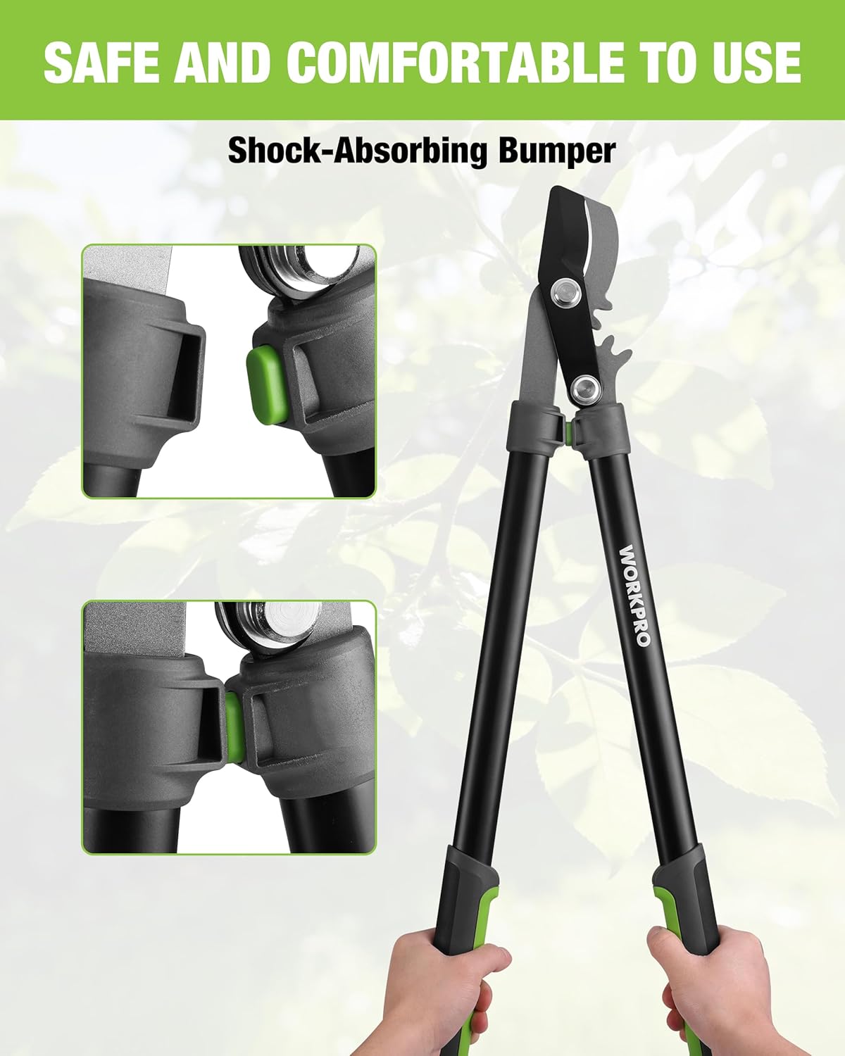 Bypass lopper with shock-absorbing bumper and green grip inserts on handles