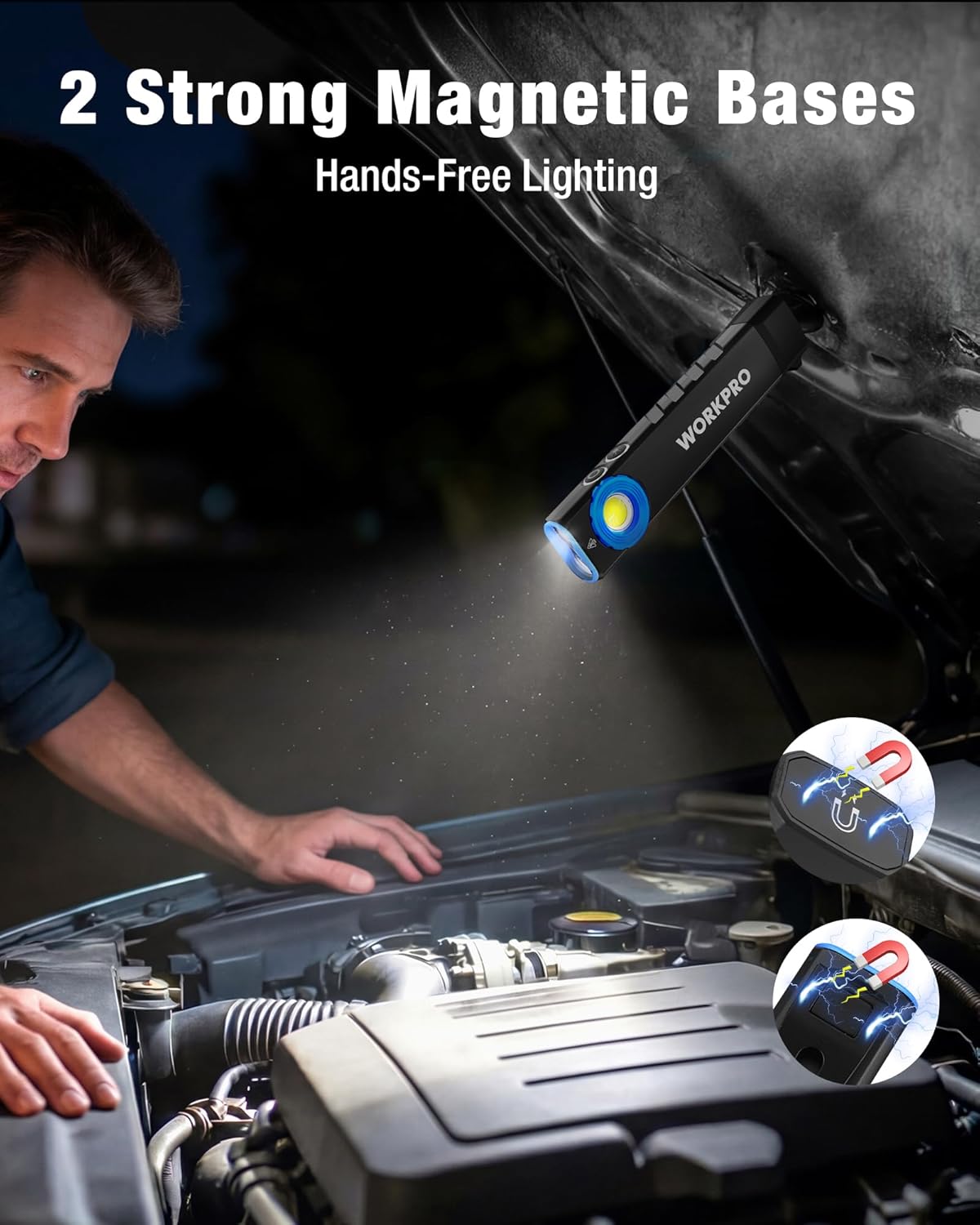 Black rechargeable flashlight with magnetic base, shown near a car engine compartment