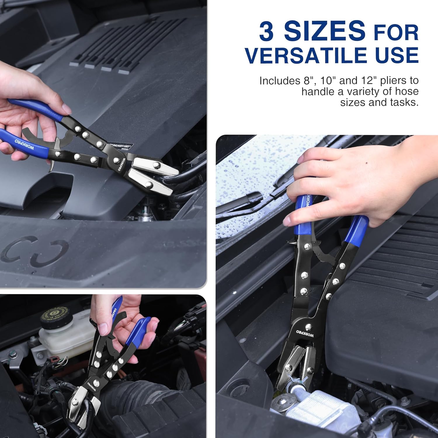 WORKPRO locking hose pinch-off pliers in 3 sizes with blue handles