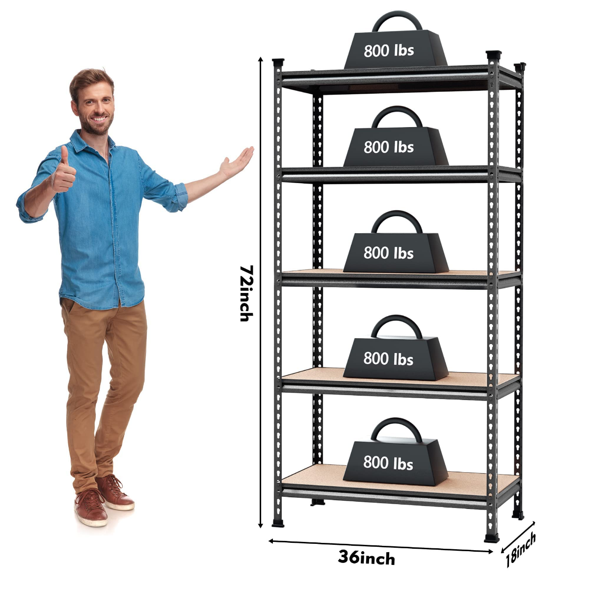 5-tier adjustable metal storage rack rated up to 800 lb per shelf with sturdy frame