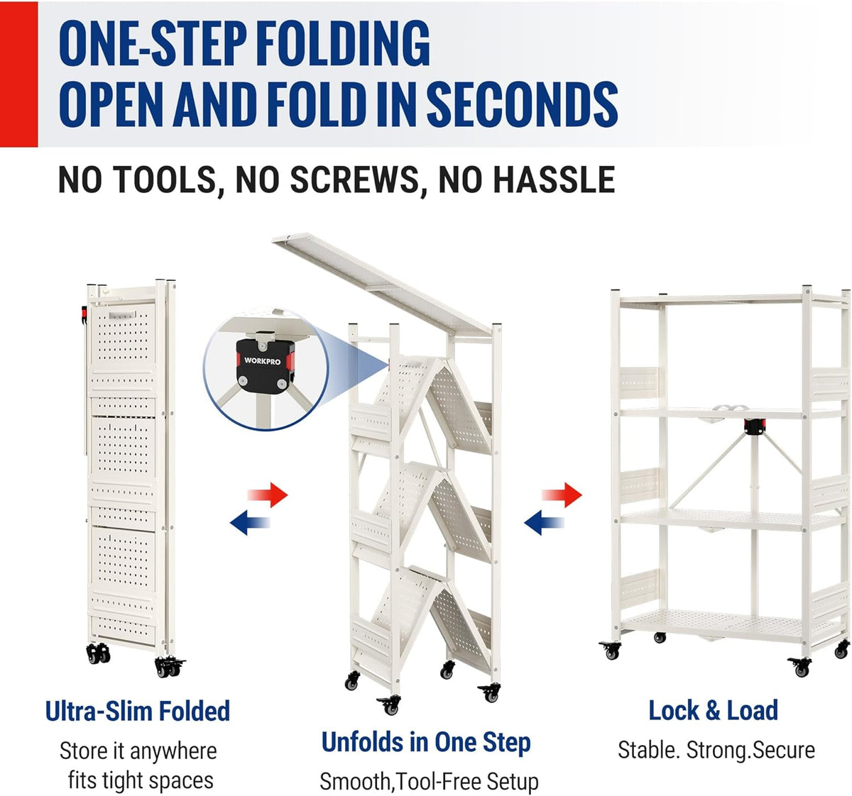 White 4-tier folding shelf rack with vented shelves, shown open and locked on wheels.