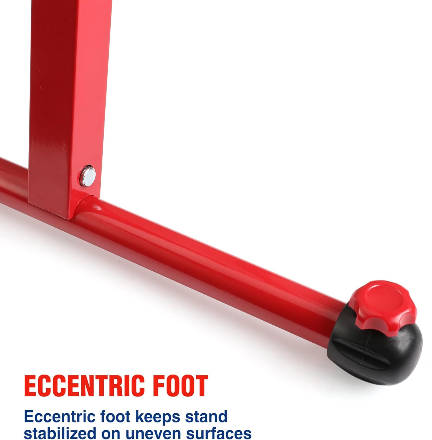 Red steel roller stand with eccentric foot and black rubber base