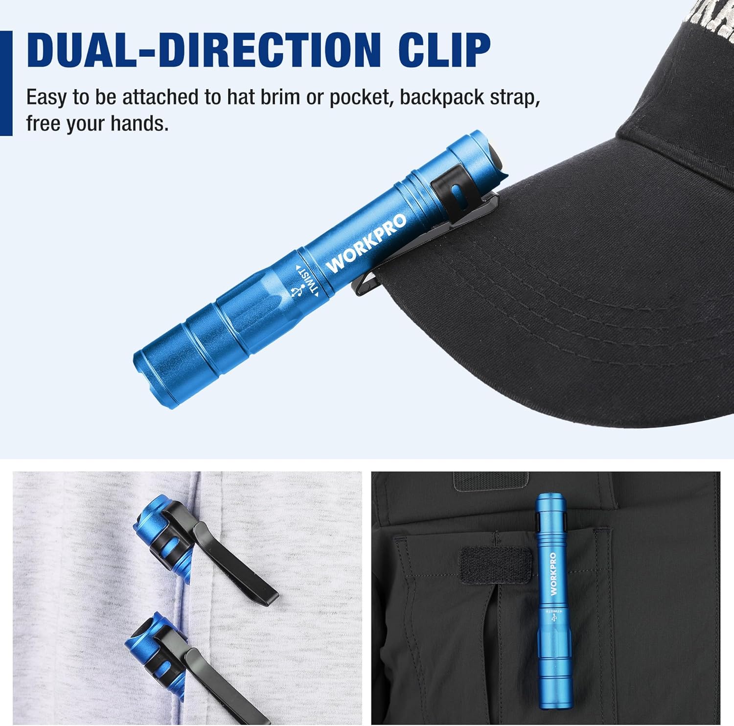 Blue rechargeable pen light with dual-direction pocket clip for hat brim or pocket.