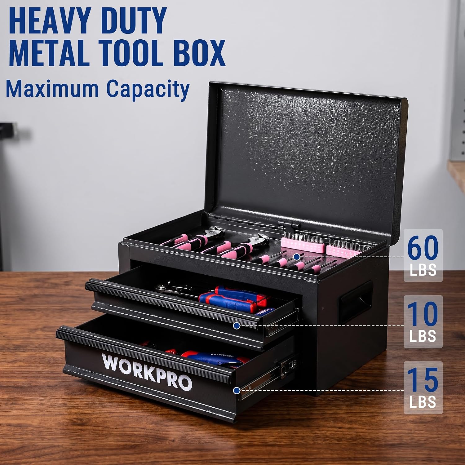 WORKPRO 15-Inch Metal Tool Box with 2 Drawers & Top Storage, Black